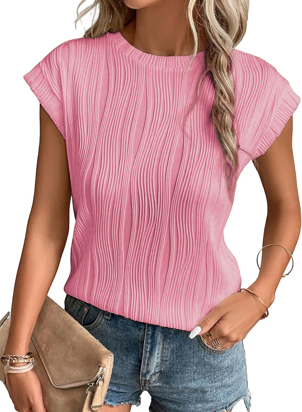 TrendiMax Damen T-Shirt Rundhals Kurzarm Sommer Shirt Flügelärmel Tshirt Casual Oberteile Bluse Tops