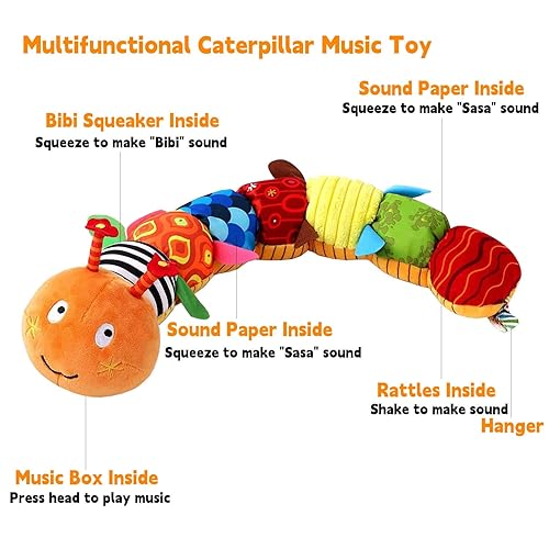 Miniatura 2 de Juguete musical de oruga para bebé, multicolor, juguetes de peluche sensoriales arrugados con diseño de regla, campanas y sonajeros para el tiempo