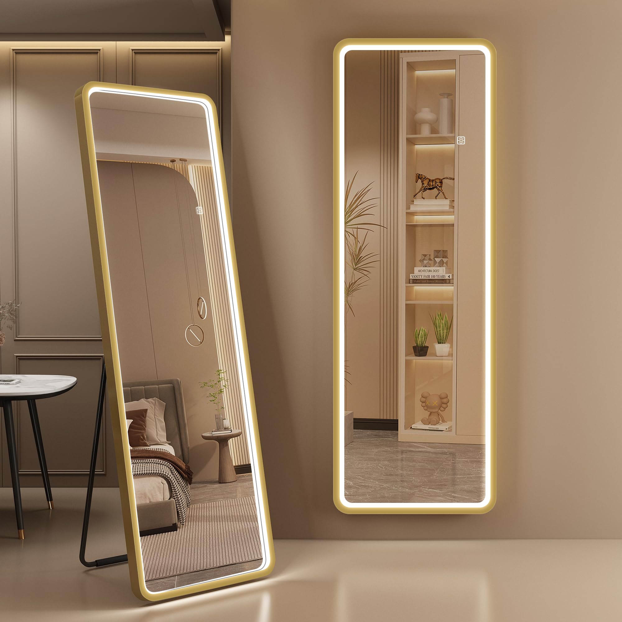S'bagno Espejo de Pie Cuerpo Entero con Luz 160x50cm, Marco de Aluminio, Espejo Cuerpo Entero 3000-6500K & Función de Memoria, Vidrio Reforzado, Espejo Grande para Vestuarios y Dormitorio, Dorado