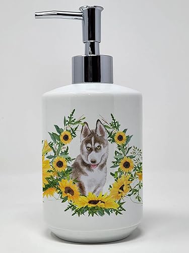 Caroline's Treasures CK2888SOAP - Dispensador de jabón de cerámica con girasoles de husky siberiano, multicolor
