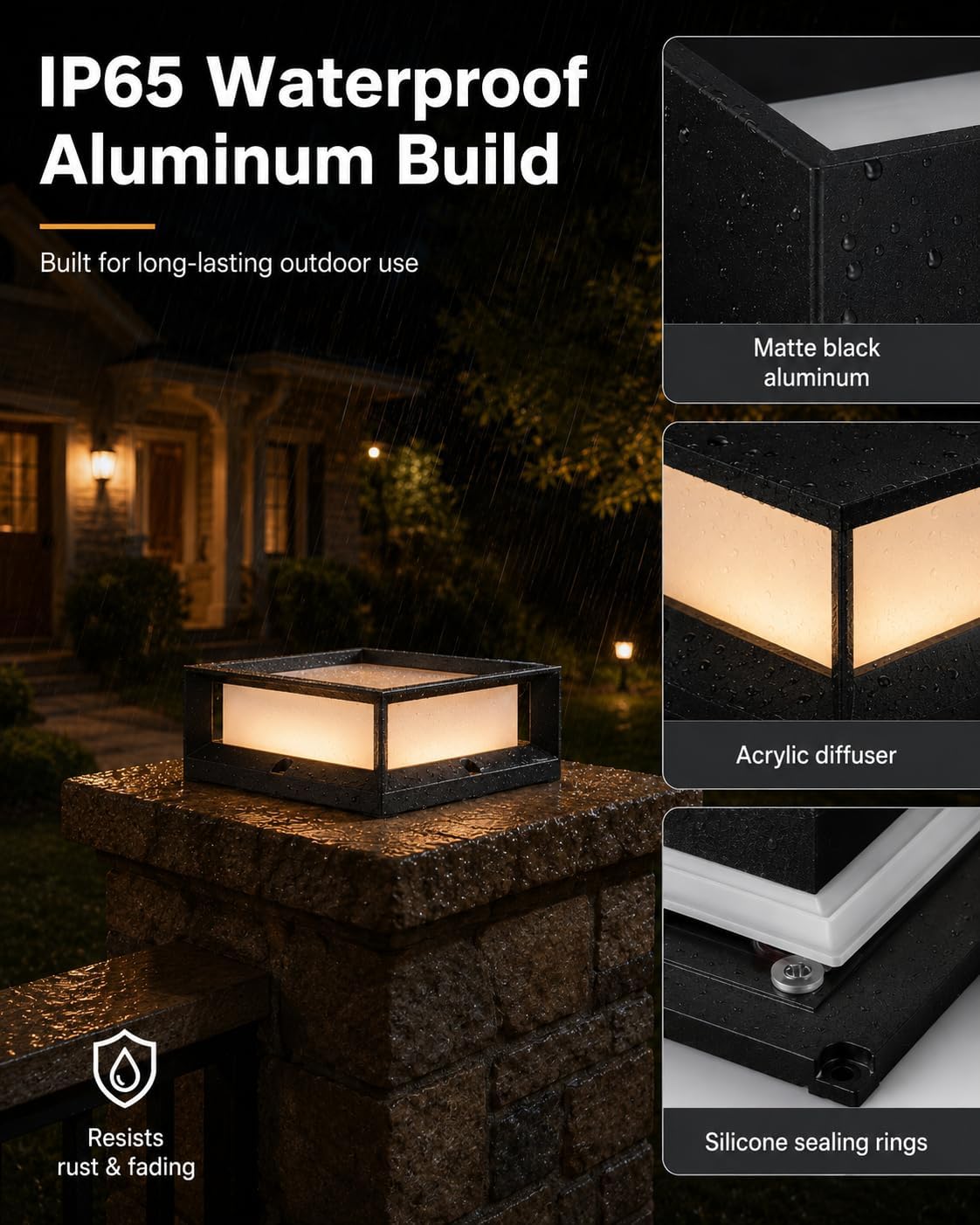 8.6" Outdoor Post Light, Hardwired AC100-240V LED Pillar Column Light, 15W 1200LM 3000K Warm White, IP65 Waterproof Aluminum for Garden Patio Gate Pillar
