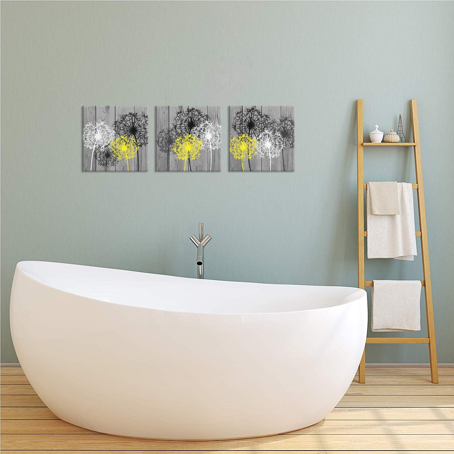 iHAPPYWALL 3 PiecesYellow and Grey Bath Flowers Canvas Wall Art Abstract Dandelion Floral Picture Print On Canvas for Bedroom Rustic Home Bathroom Decor Ready to Hang 12"x12"x3pcs