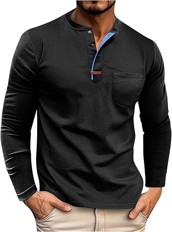 Long Sleeve Mens Shirts Breathable Cotton Round Neck Button Down Shirt Pocket Fall Fashion Casual Plain Color Clothes