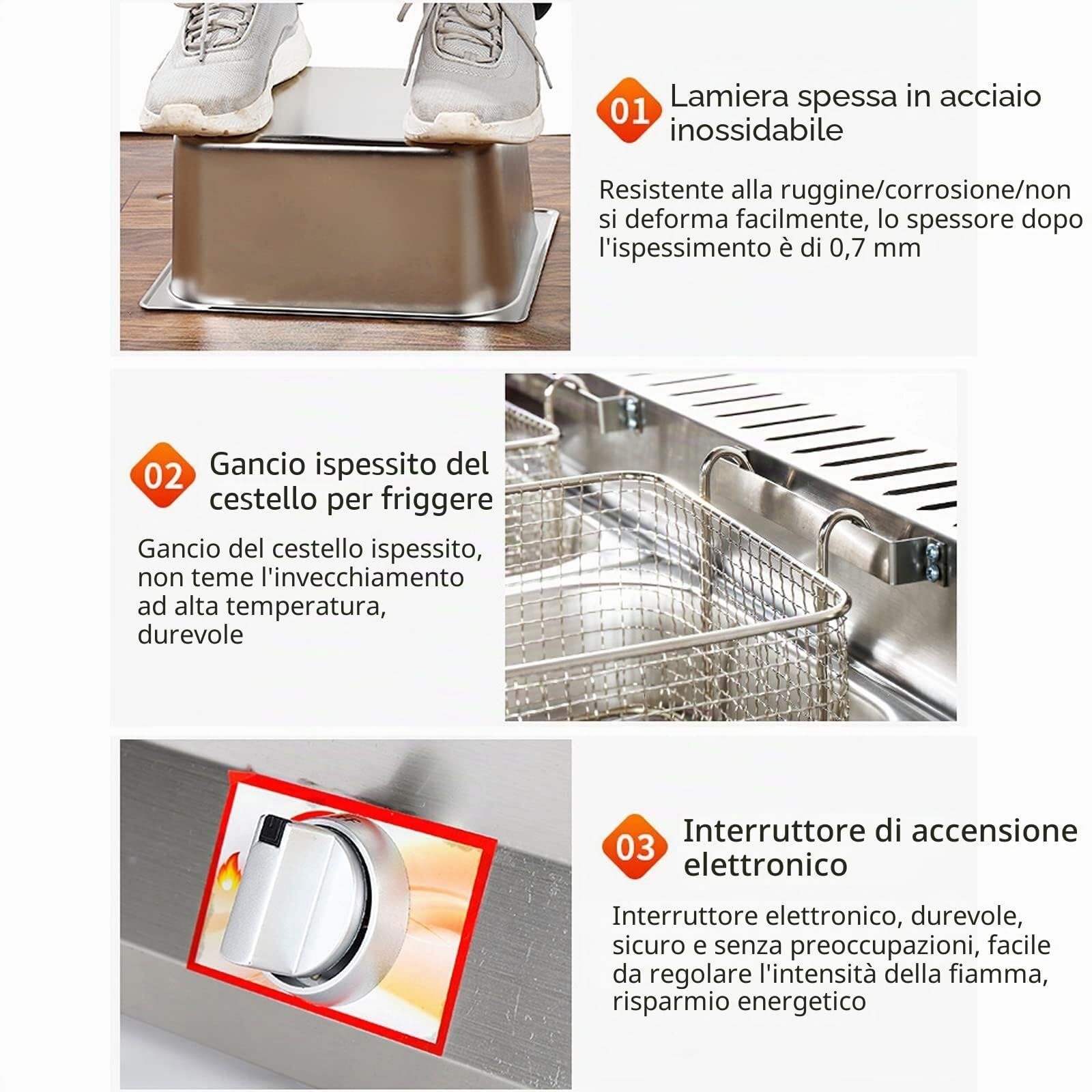 Friggitrice a gas di grande capacità in acciaio inossidabile, friggitrice GPL domestica e commerciale, fiamma regolabile, completa di cestelli e coperchi, per patatine, ciambelle e pesce(8L+8L+8L)