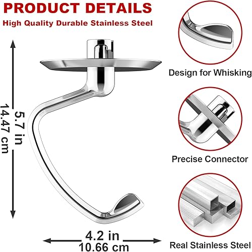 Vista 3 de Gancho de masa de acero inoxidable para batidora de pie KitchenAid, gancho para pan para batidora de pie de cabeza inclinada de 4.5 a 5 cuartos