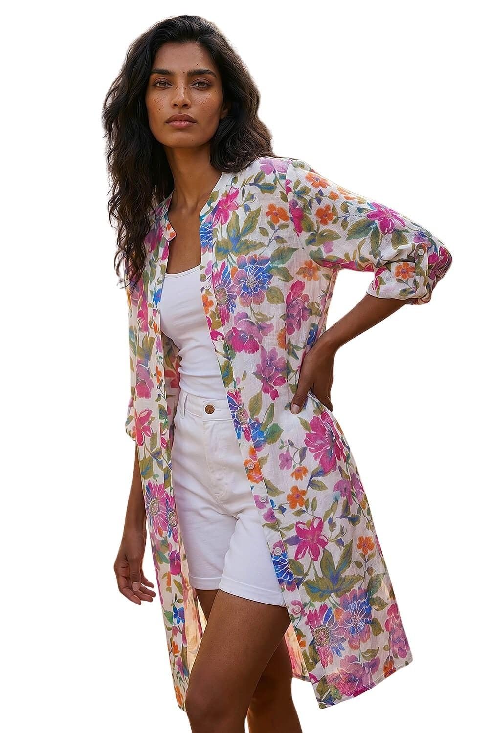 Roman Floral Print Longline Blouse for Women UK - Ladies Spring Everyday Summer Holiday V-Neckline Comfy Long Sleeve Soft Button Up Shirt Vacation Beach Tops - Pink - Size 14