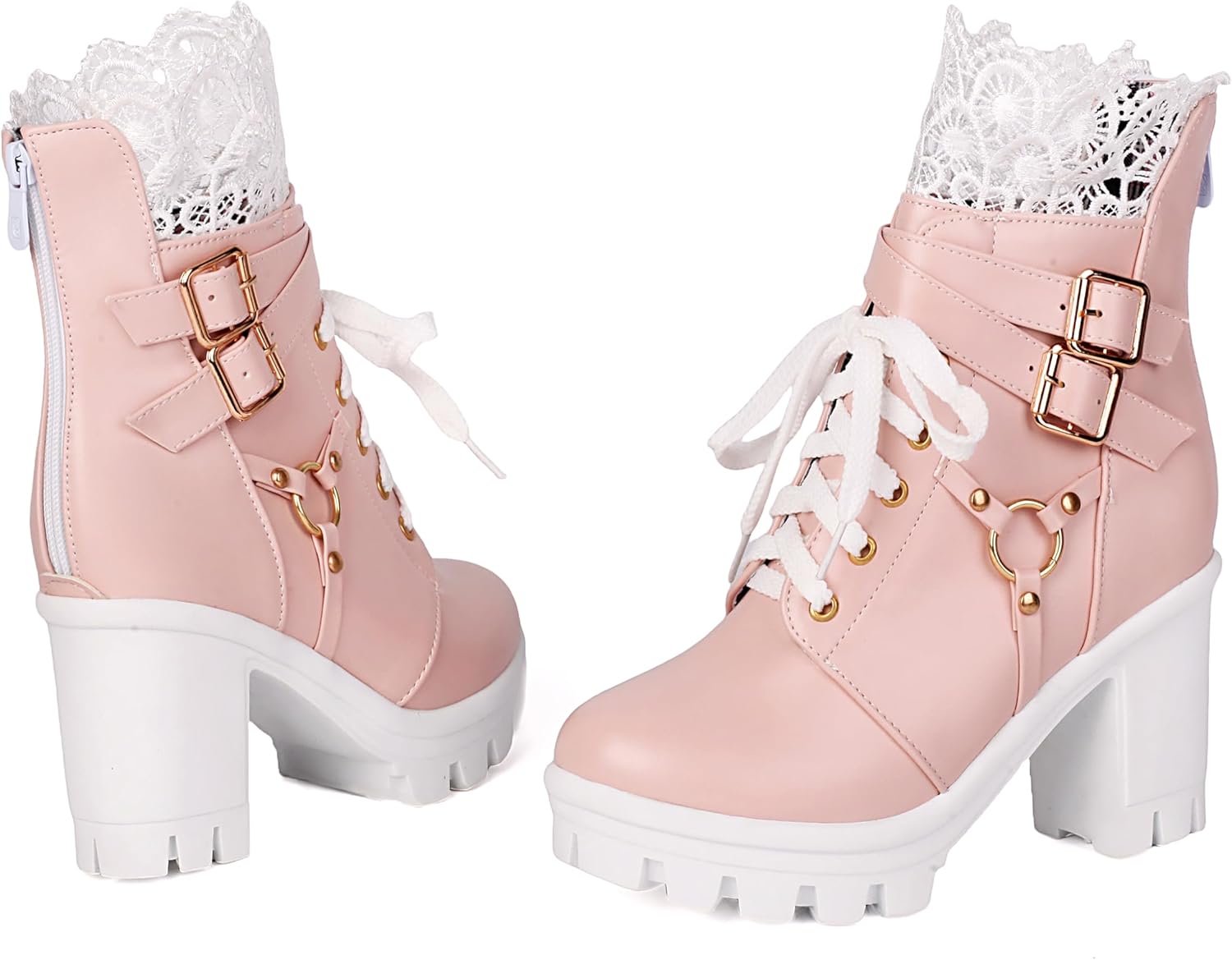 BEAUPAS Women's Gothic Combat Boots Lace Up Platform Ankle Boots with Buckles Chunky High Heel
