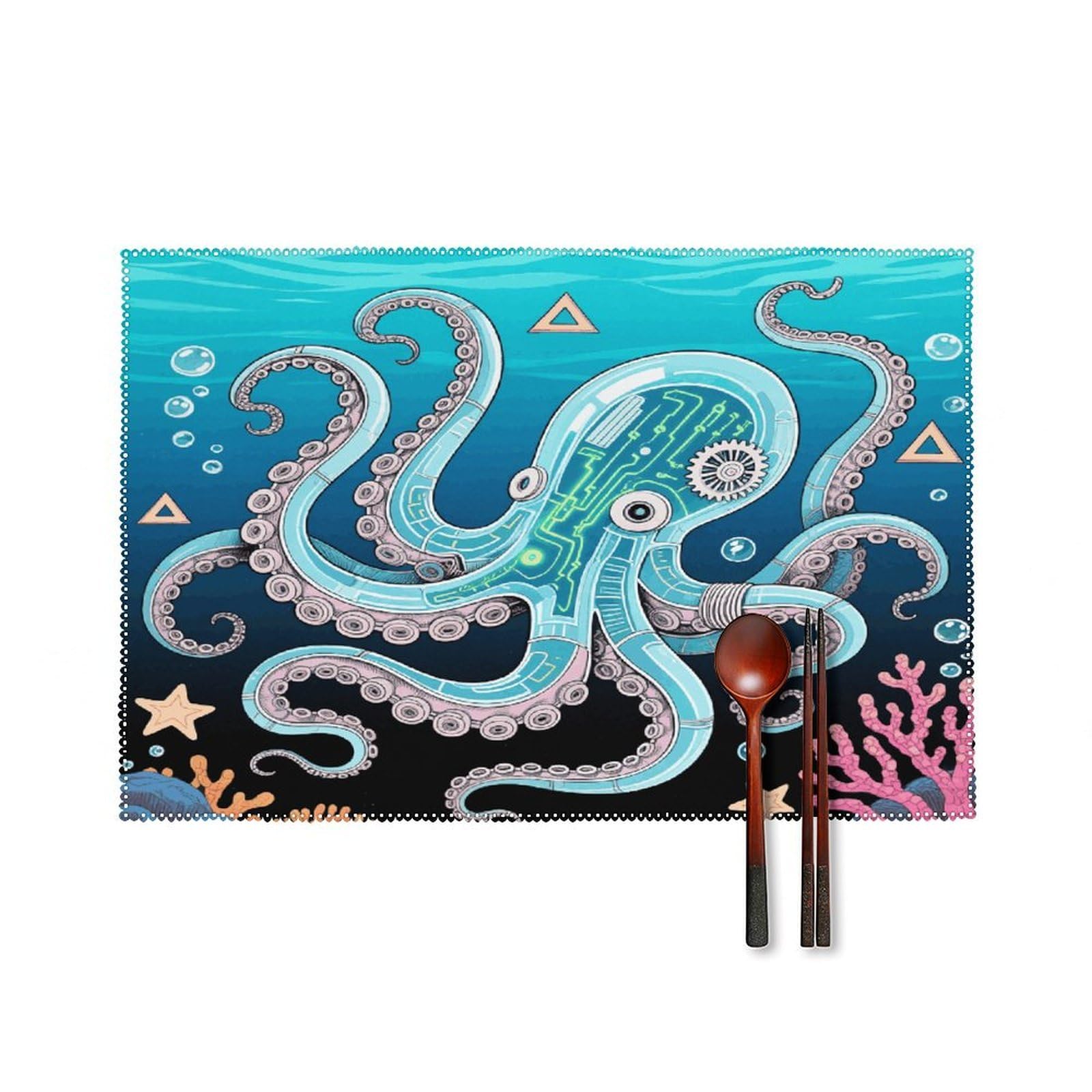 Mechanical Octopus Placemats Set of 6 Non-Slip Stain Resistant Indoor Outdoor Table Mat Washable Cloth Place Mat Fashion Kitchen Placemat for Dining Table Decoration 17.7x11.8 in