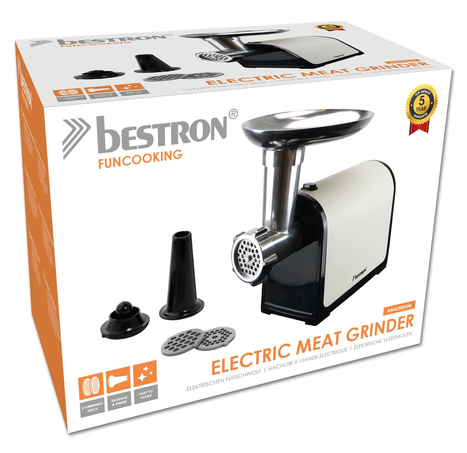 Picadora de Carne, 1300 W Máx, Para Carne Picada, Salchichas y Kubbe, 2 Discos de Acero Inoxidable, Picado Medio y Grueso, Piezas Desmontables, AMG300HM