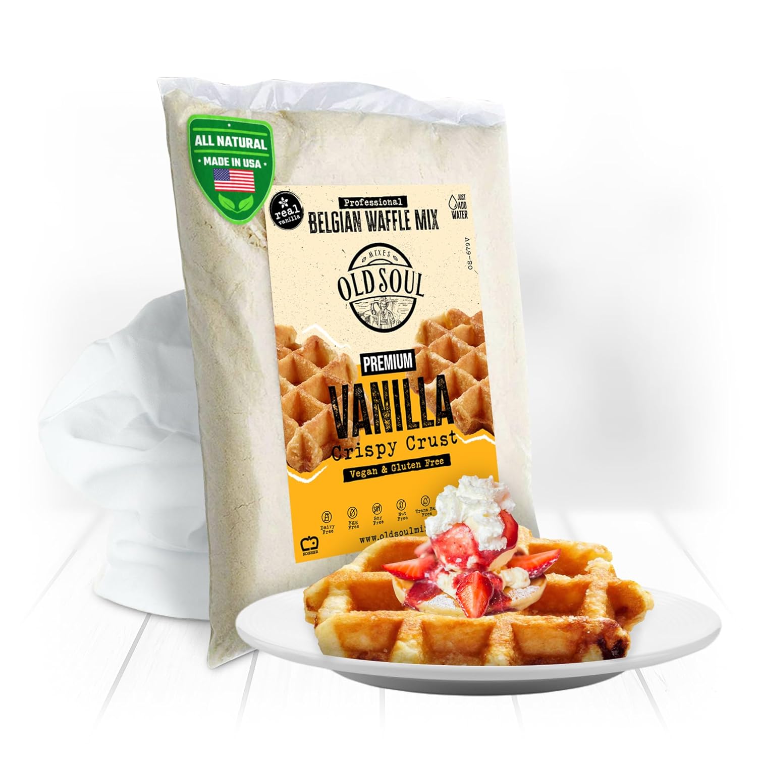 OldSoul Professional Belgian Waffle Mix | GLUTEN FREE & VEGAN | Crispy | 5 Lbs | Vanilla Flavor | 28 Waffles (5 Lbs, Gluten Free & Vegan)