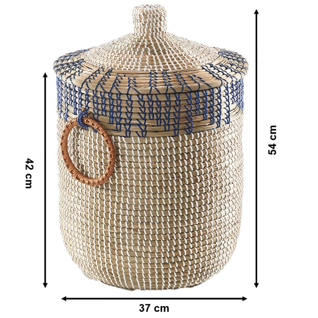Kobolo Schlangenkorb BOREA aus Seegras | Ø 37 cm, H 54 cm | handgeflochtener Aufbewahrungskorb mit Deckel in beige | Wäschekorb | Deko Korb | aus Naturmaterial für Wäsche, Spielzeug, Zeitschriften