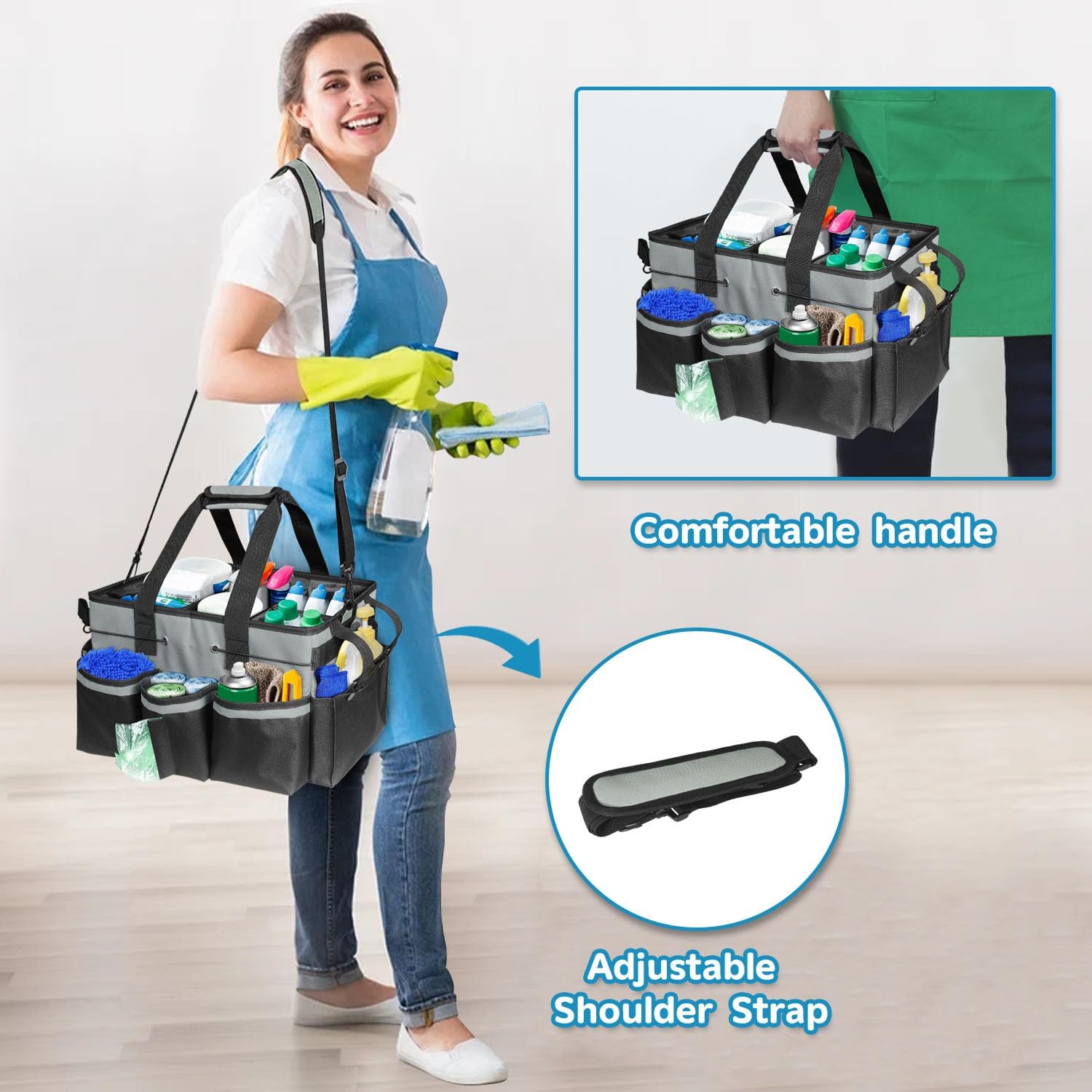 Cleaning Tool Organizer Bag with Handles | 17.8x12.2x9.3in Large Waterproof Cleaning Caddy | Detachable Shoulder Strap & Dividers | for Car Detailing, Housekeeping, Cleaners(Grey)