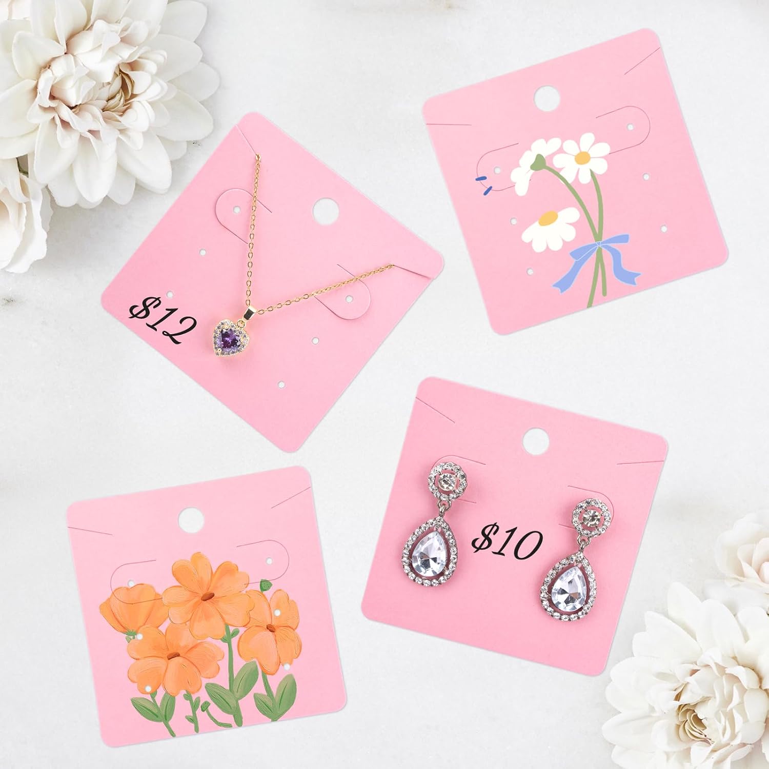 joycraft 6 Holes Earring Display Cards with Bags - 100Pcs Pink Paper Necklace Display Cards, 2.95 In Square Jewelry Card for Selling, Small Business, Craft Fair, Retail Display