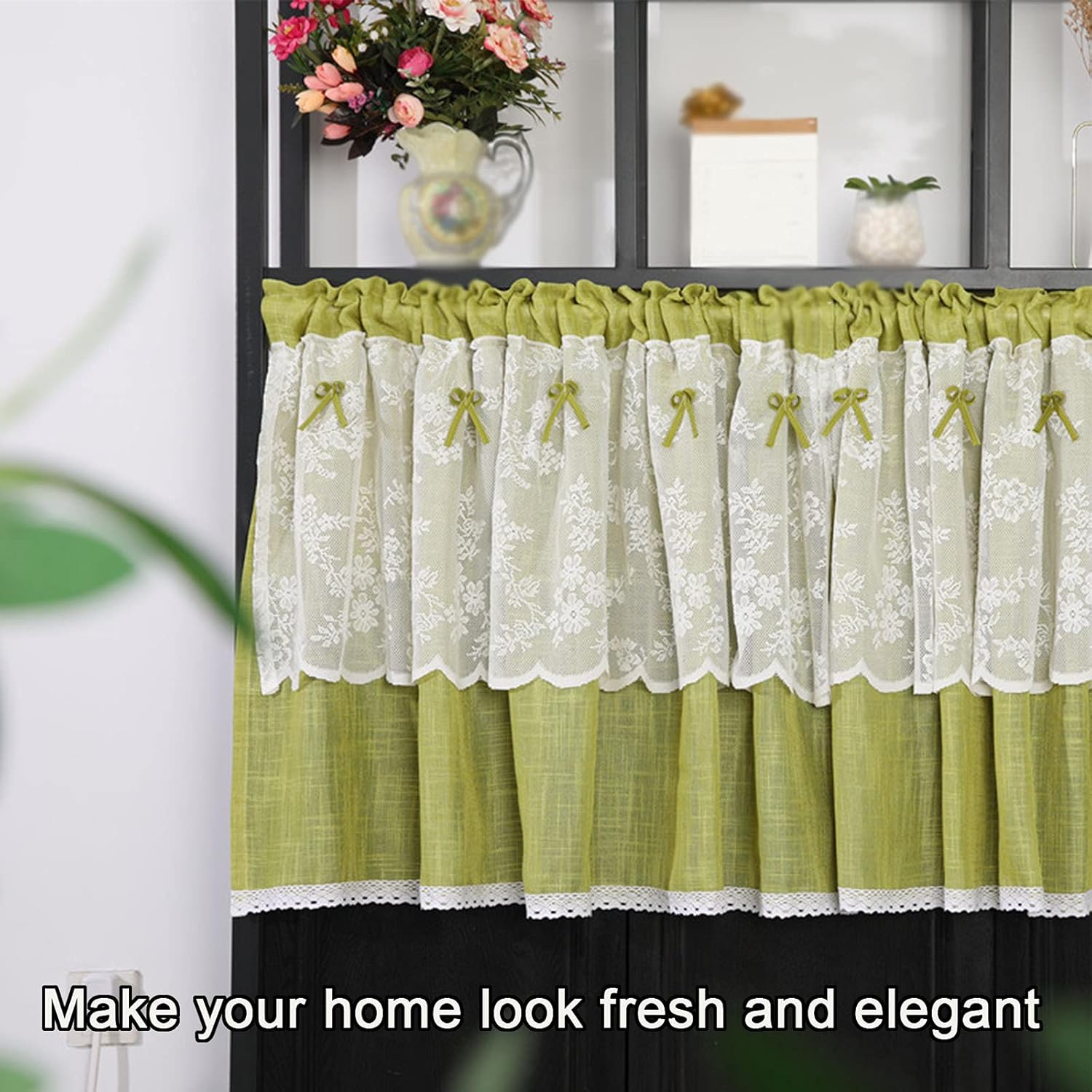 Short Curtains, Green Translucent Small Fresh Curtains, White Lace Decorative Translucent Curtains are Suitable for Kitchen, Cafe, Bathroom