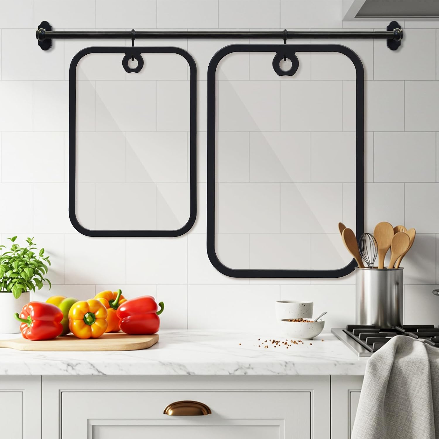 2 Pcs Tempered Glass Cutting Board Set 0.31inch Thick Tempered Glass Black Silicone Edged Chopping Boards with Hanging Holes for Kitchen Countertop & Serving, Dishwasher Safe