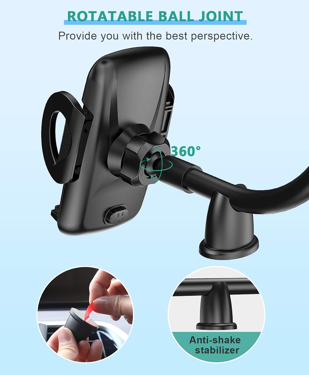 CTYBB Car Phone Holder Mount, Long Arm Dashboard Windshield Phone Holder for Car, with Strong Suction Cup and Anti-Shake Stabilizer Compatible with iPhone 12 11 Pro/11 Pro Max/XS, Galaxy S21 and More