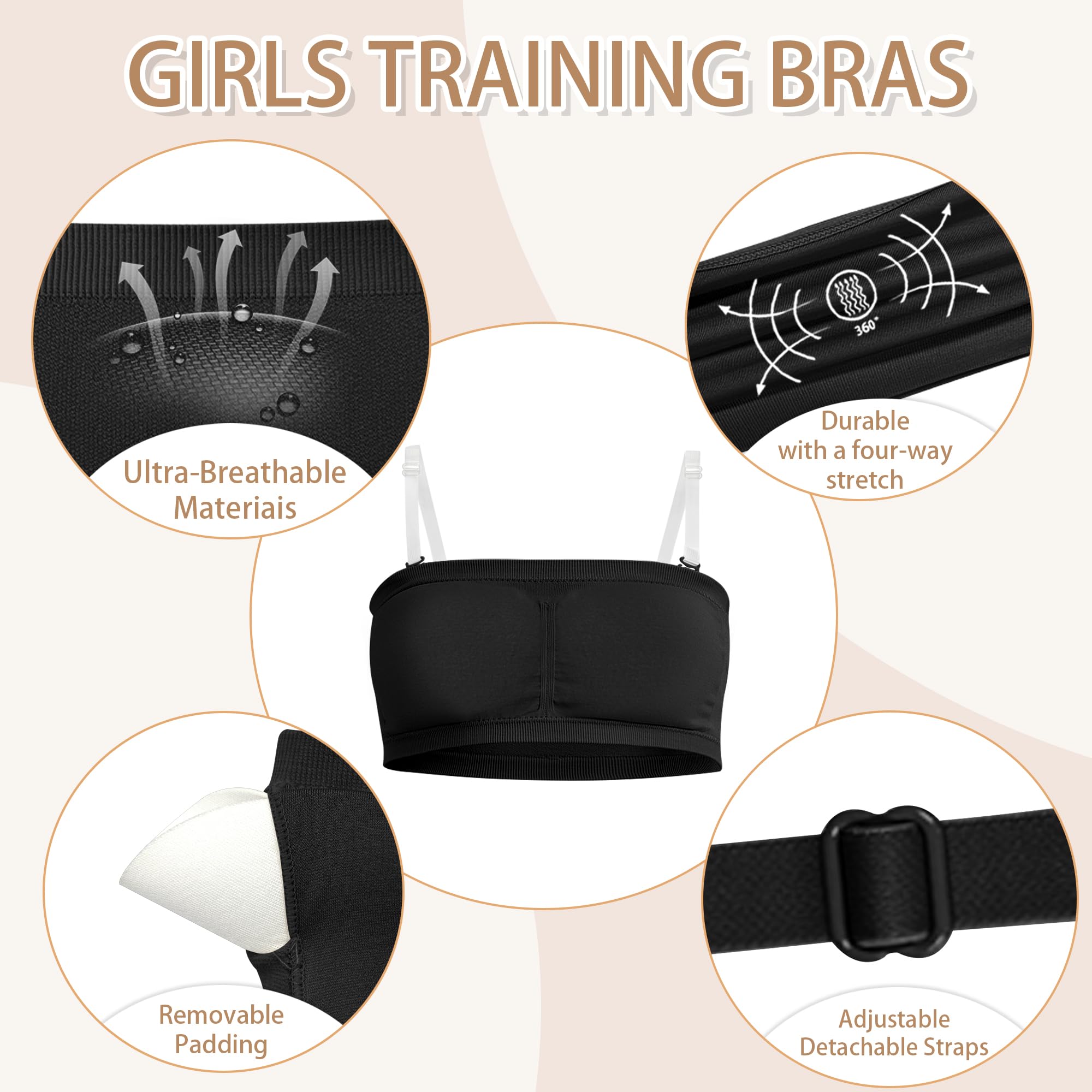 DANSHOW Soutien-gorge d'entraînement sans couture pour adolescentes, 2 paires de bretelles transparentes réglables, rembourrage amovible