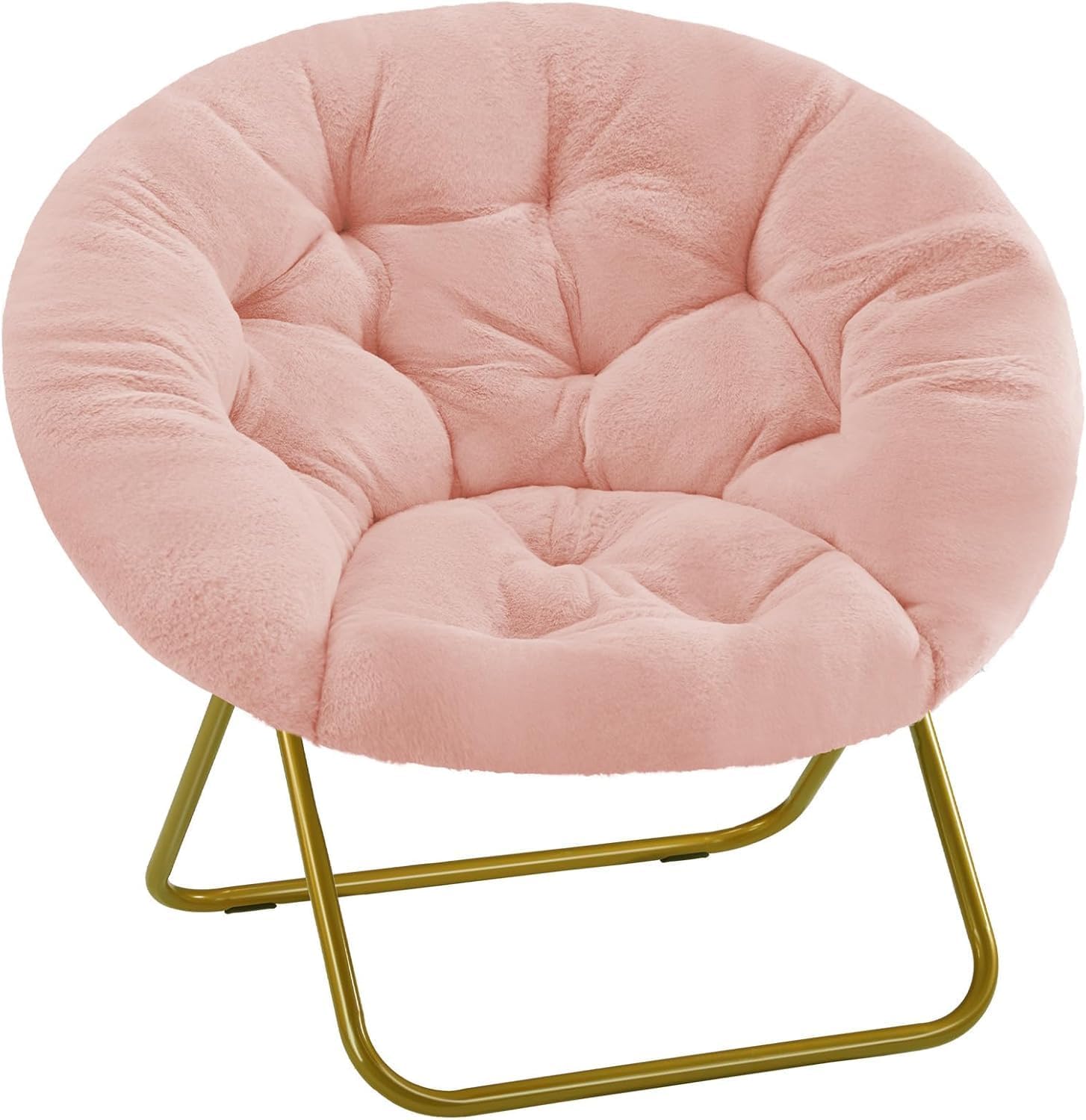 HealSmart Saucer Chair, Comfy Faux Fur Chair for Bedroom, Saucer Chairs for Adults, Teens, Round Shaped Moon Chair with Foldable Metal Frame, Pink