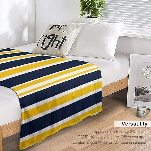 Miniatura 5 de Manta de rayas náuticas amarillas y azul marino con diseño de rayas retro para sofá de 60 x 80 pulgadas, acogedora manta de cama de franela para