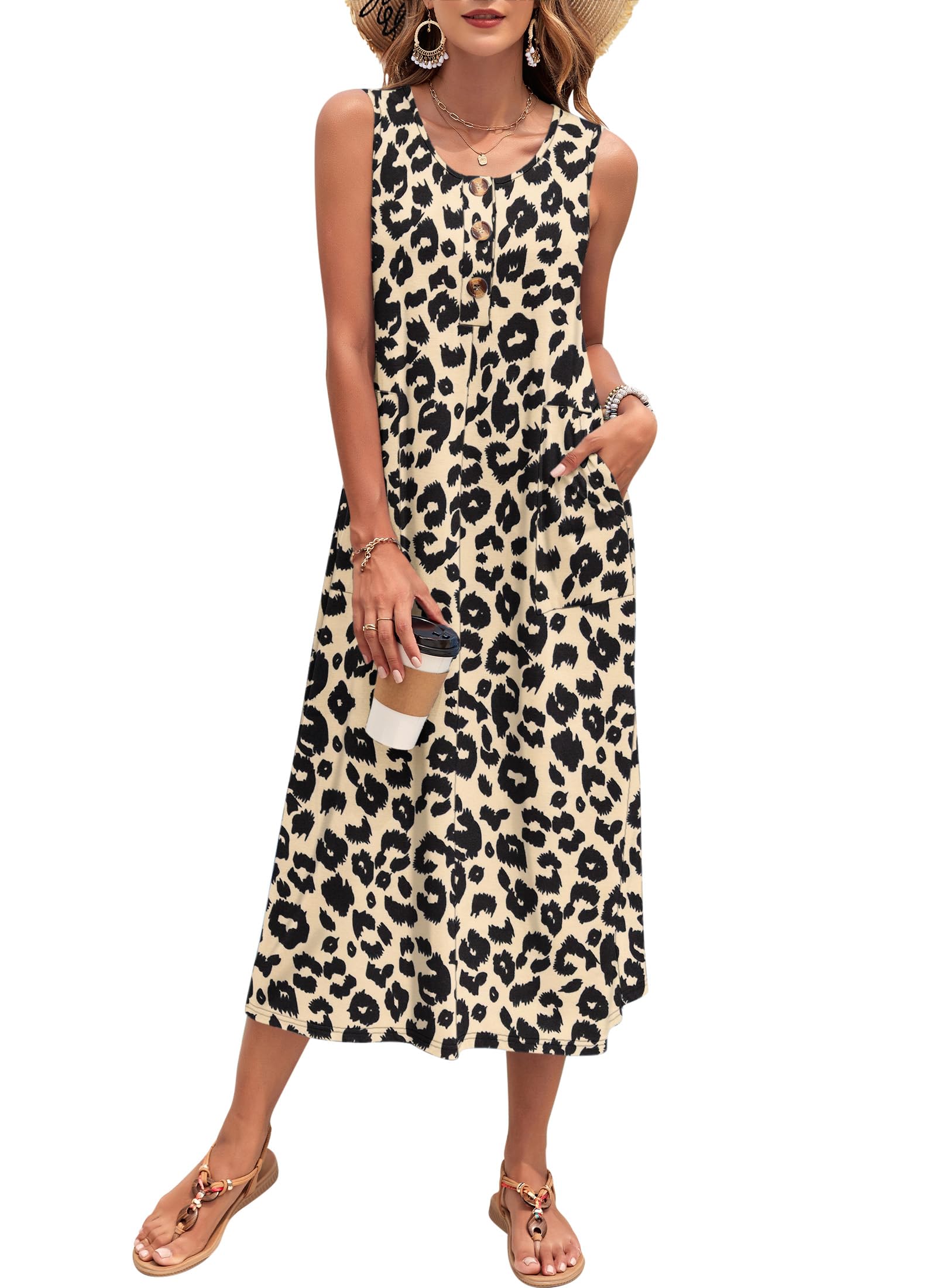 PLOKNRD Damen Sommer Maxi Kleid Ärmellos Strandkleid Lässiges Lange Button-Down Tank Kleid mit Taschen