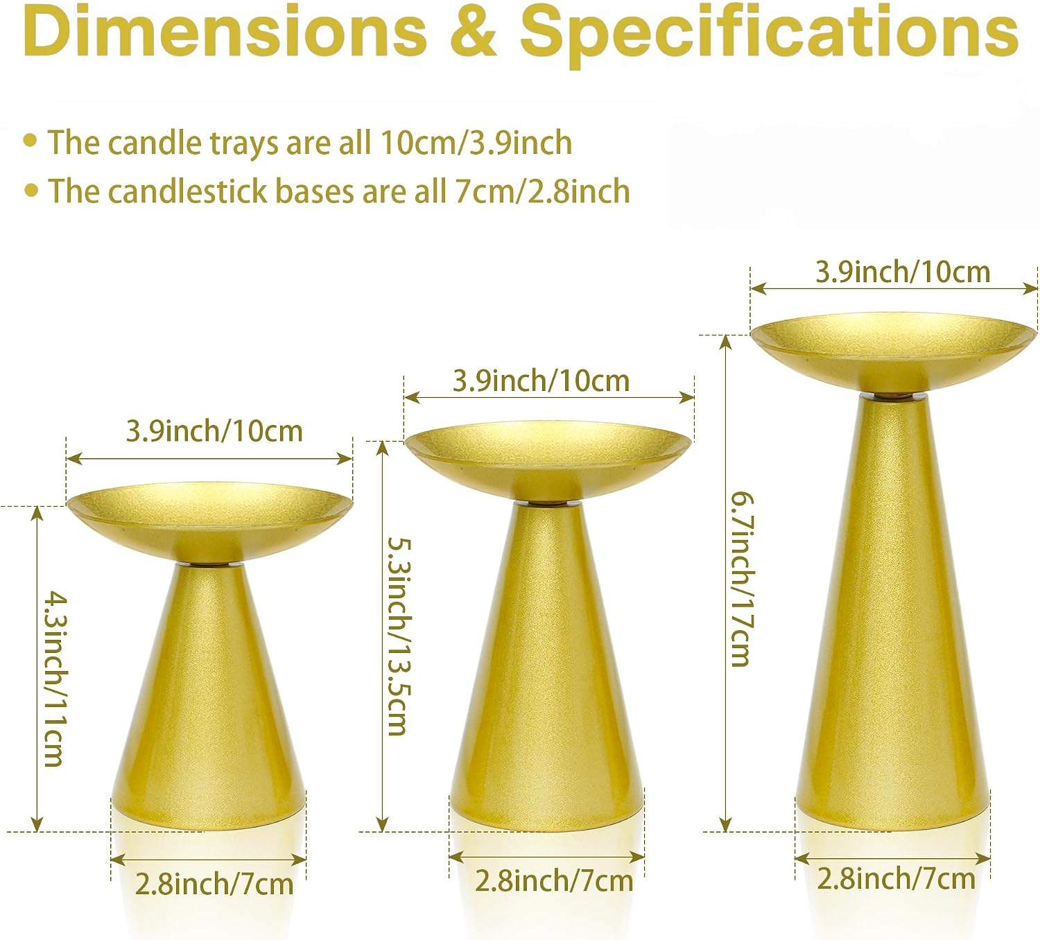 Matte Black Pillar Candle Holders Set of 3 - Modern Tapered Metal Candle Stand for Table Centerpiece, Candlelight Dinner, Home Decor & Fireplace Ornaments (3, Gold) image 2