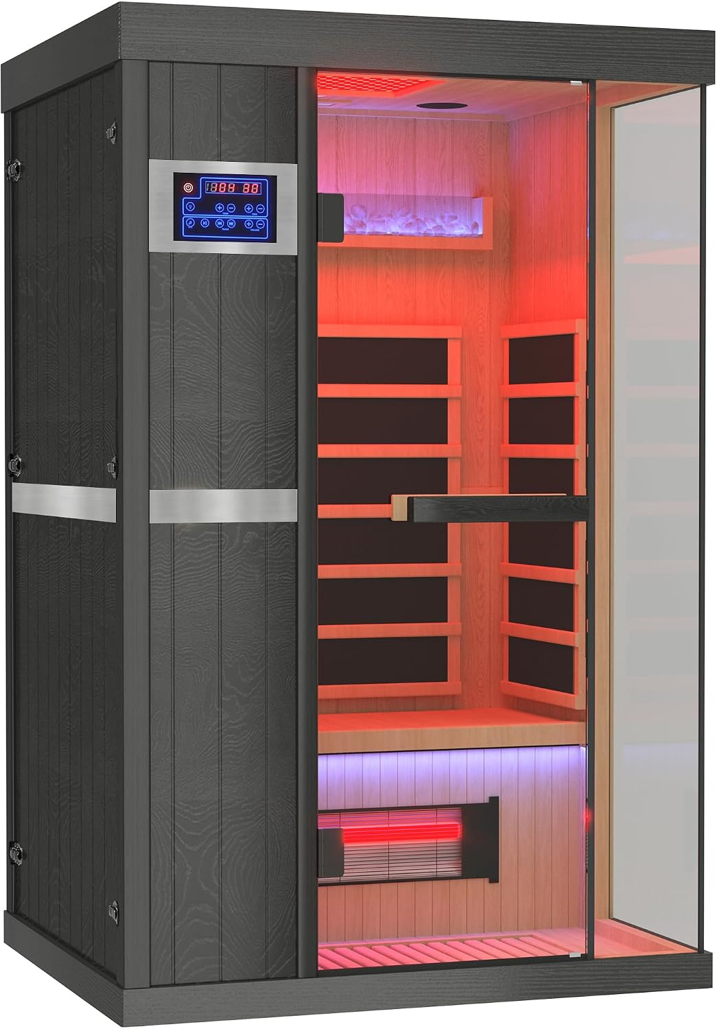 1-2 Person Ultra Low EMF Infrared Sauna, Indoor Wood Sauna with Red Light Therapy & Bluetooth Speakers, Hemlock Home Saun Room/w Control Panel and Tempered Glass Door for Home (Black)