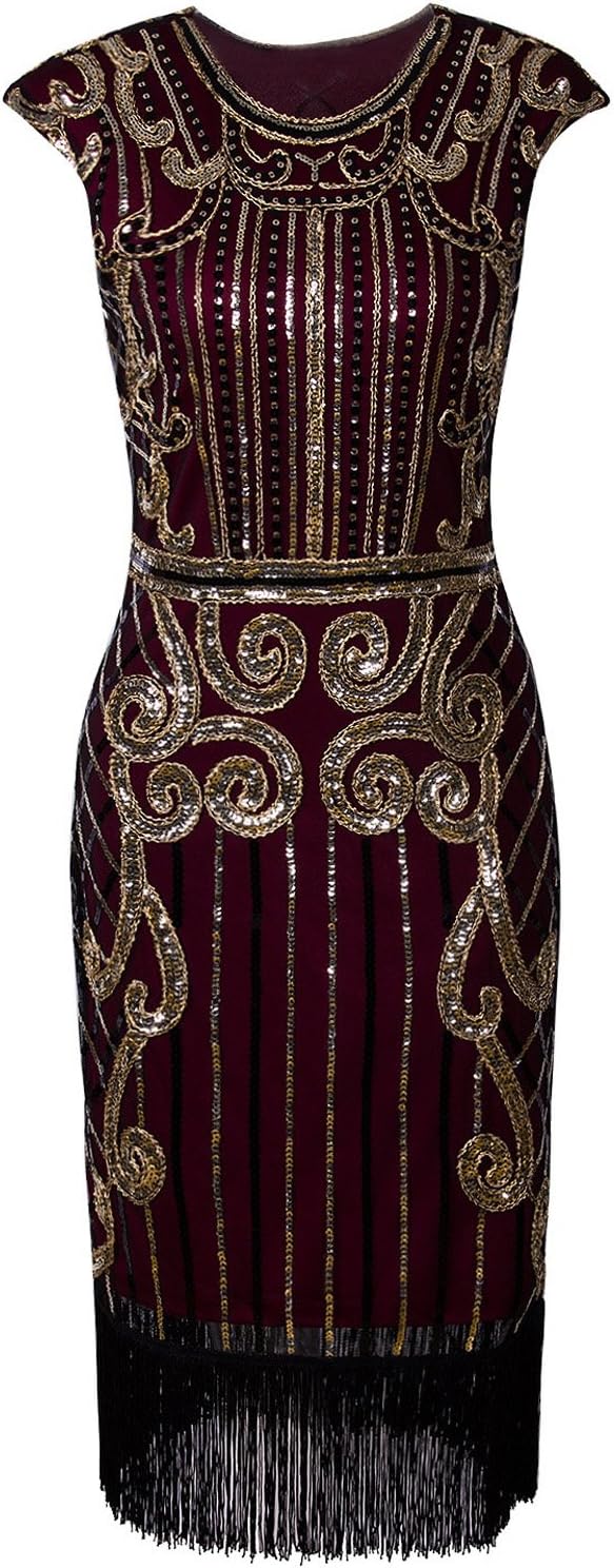 Vijiv 1920s Vintage Inspired Sequin Embellished Fringe Long Gatsby Flapper Dress