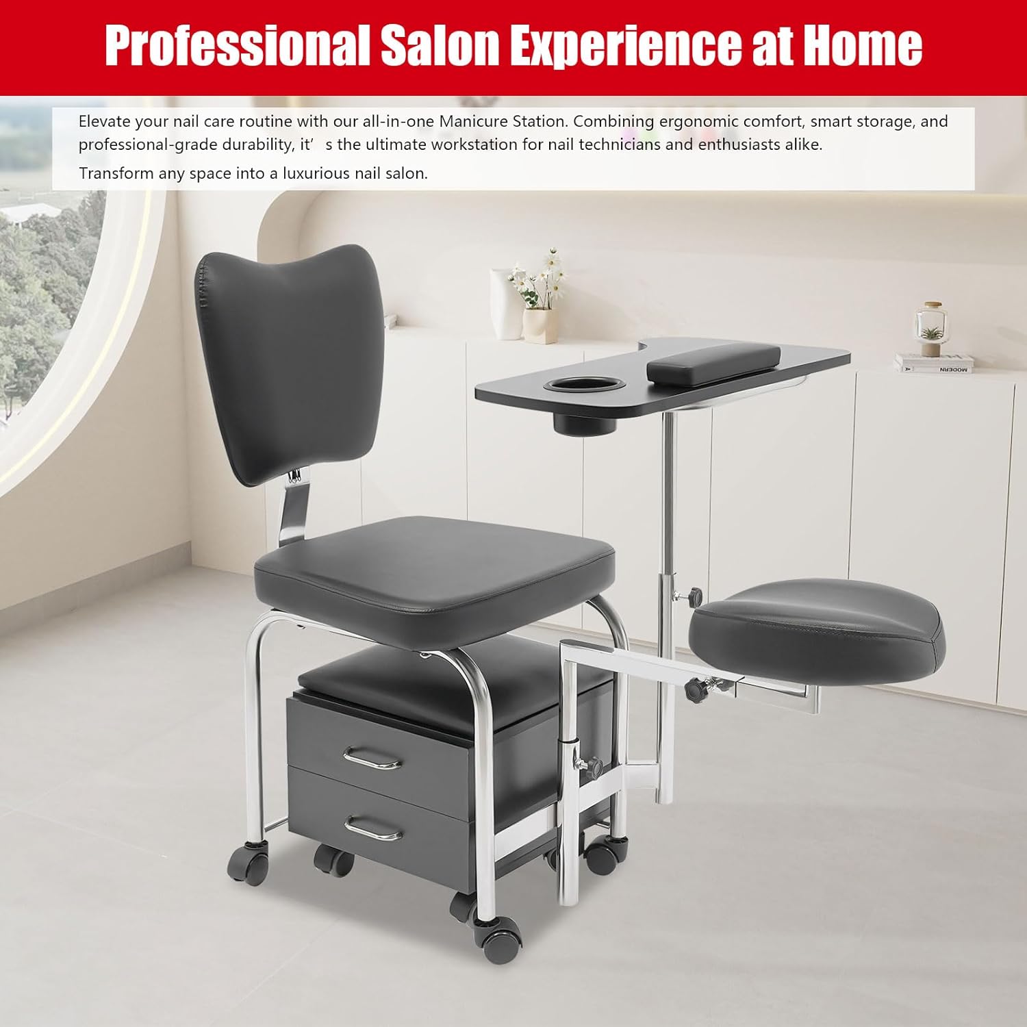 Manicure Pedicure Chair Nail Table, Rolling Salon Pedicure Station Unit Chair Adjustable Nail Desk Workstation, Professional Salon Trolley Beauty Spa Massage Stool with Drawers(Black)