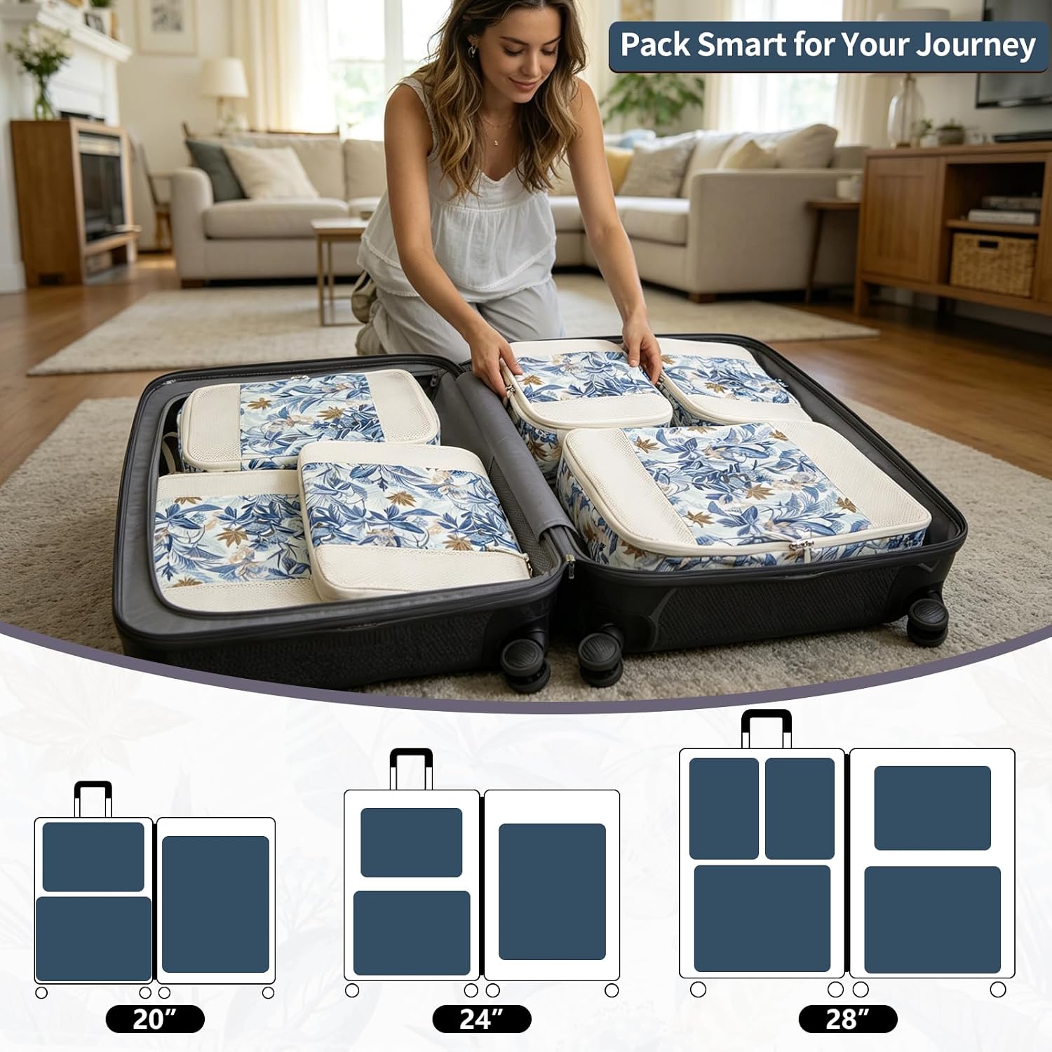 Extra Large Compression Packing Cubes for Carry On, 4 Set Lightweight Travel Packing Organizers with Breathable Mesh, Expandable Compression Cubes for Travel, Blue Floral