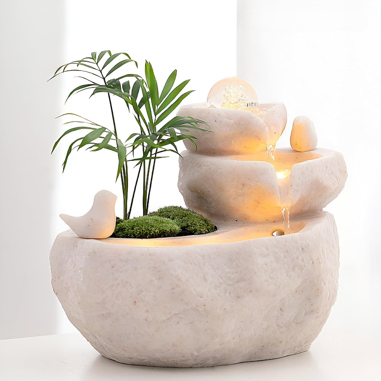 11.42" Indoor Tabletop Fountain with 3-Tier Flow, RGB LED Lights, Decorative Bubble Ball, Mist Maker & 10 Natural Crystals – Zen Resin Waterfall for Home Office Decor & Meditation (White)