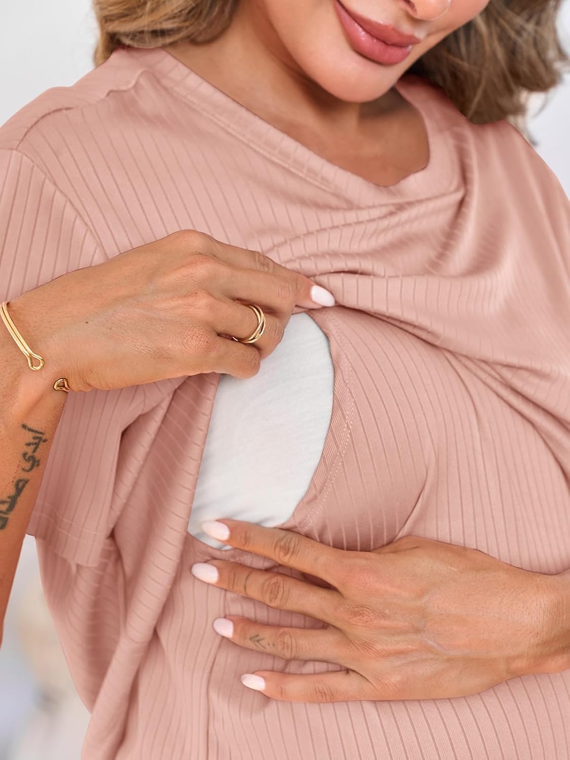 Tankaneo Womens Postpartum Maternity Pajamas 2 Piece Sets Rib Short Sleeve Nursing Tops and Elastic Waist Pants Loungewear - Image 2