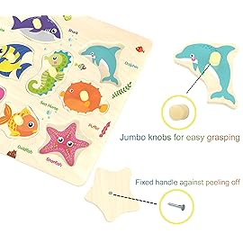Wooden Peg Puzzle, Sea Creature Chunky Baby Puzzles, Colorful Wood Shape Puzzle Peg Board, Animal Knob Puzzles for Educational Toddlers 18 Months and Up, 11 Pieces