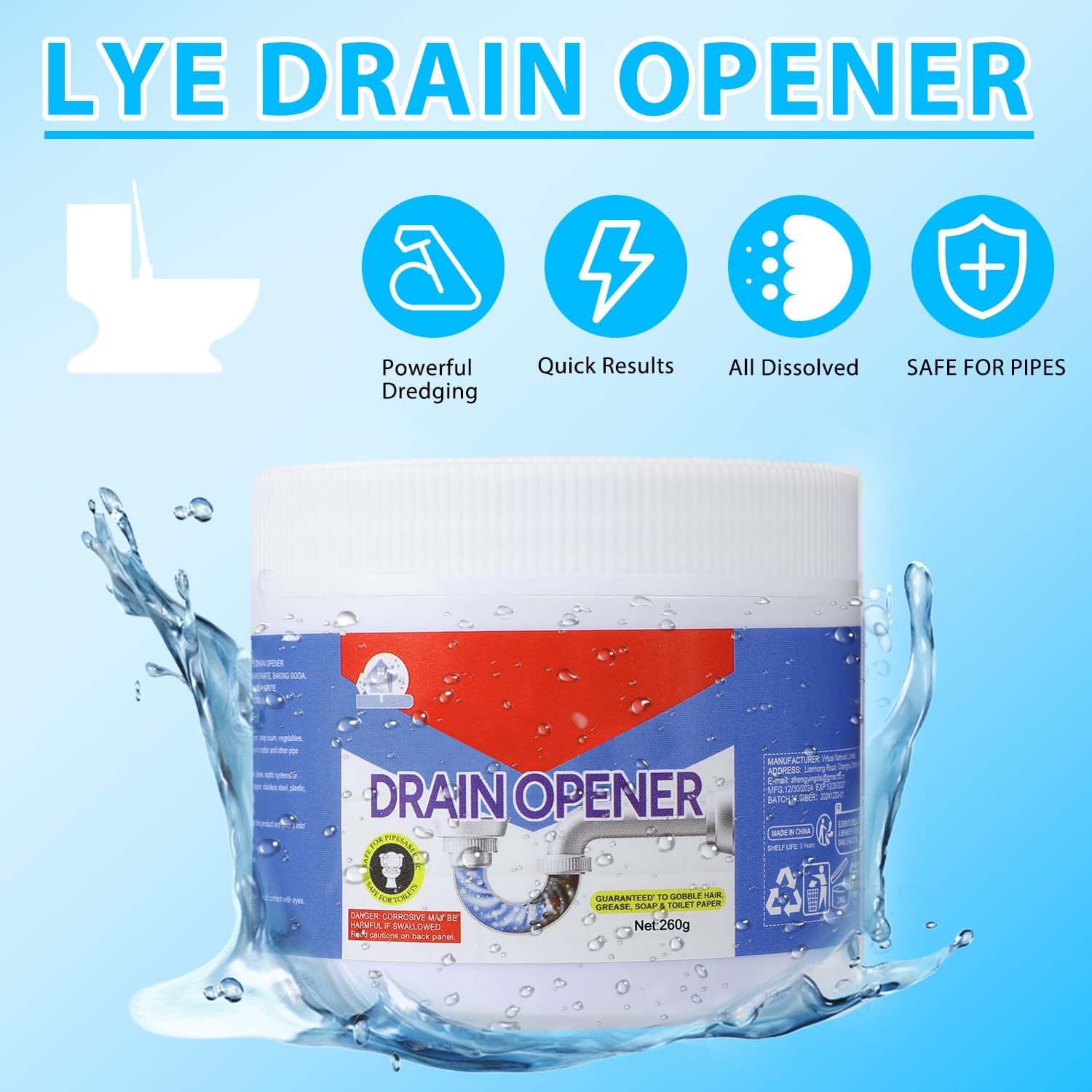 BELL BIRDCrystal Lye Drain Opener, Drain Opener,Pipeline Dredging Agent, Crystal Lye Drains Cleaner, Drains Clog Remover Agent, Unclogs Bathroom and Kitchen Sinks,Shower Pipes (260g/1Pcs) - Image 2