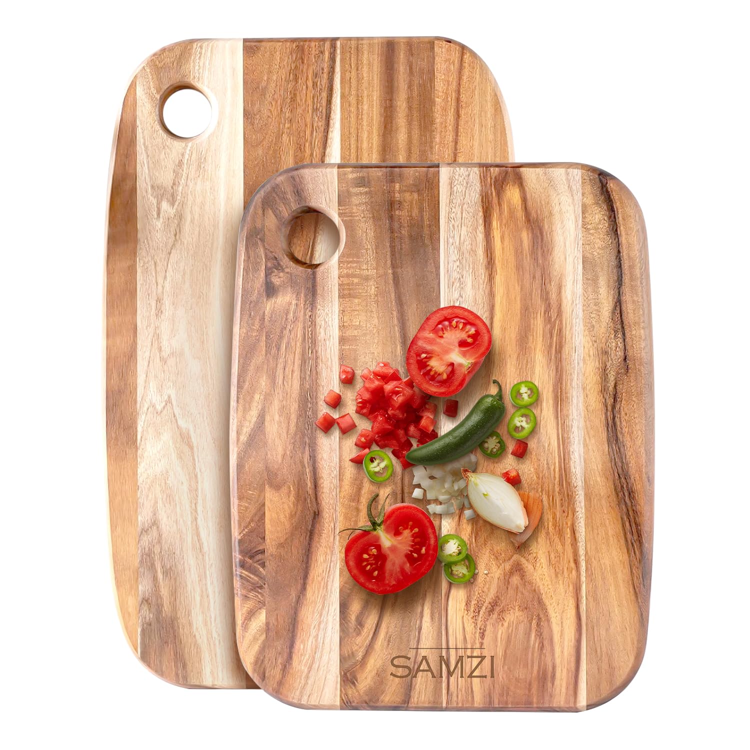 SAMZI 2pcs Wooden Cutting Board Set - Acacia Bamboo Chopping Blocks for Kitchen, Meat, Vegetables, Food Prep - Large & Medium Rectangle Wooden Cutting Boards for Kitchen Use