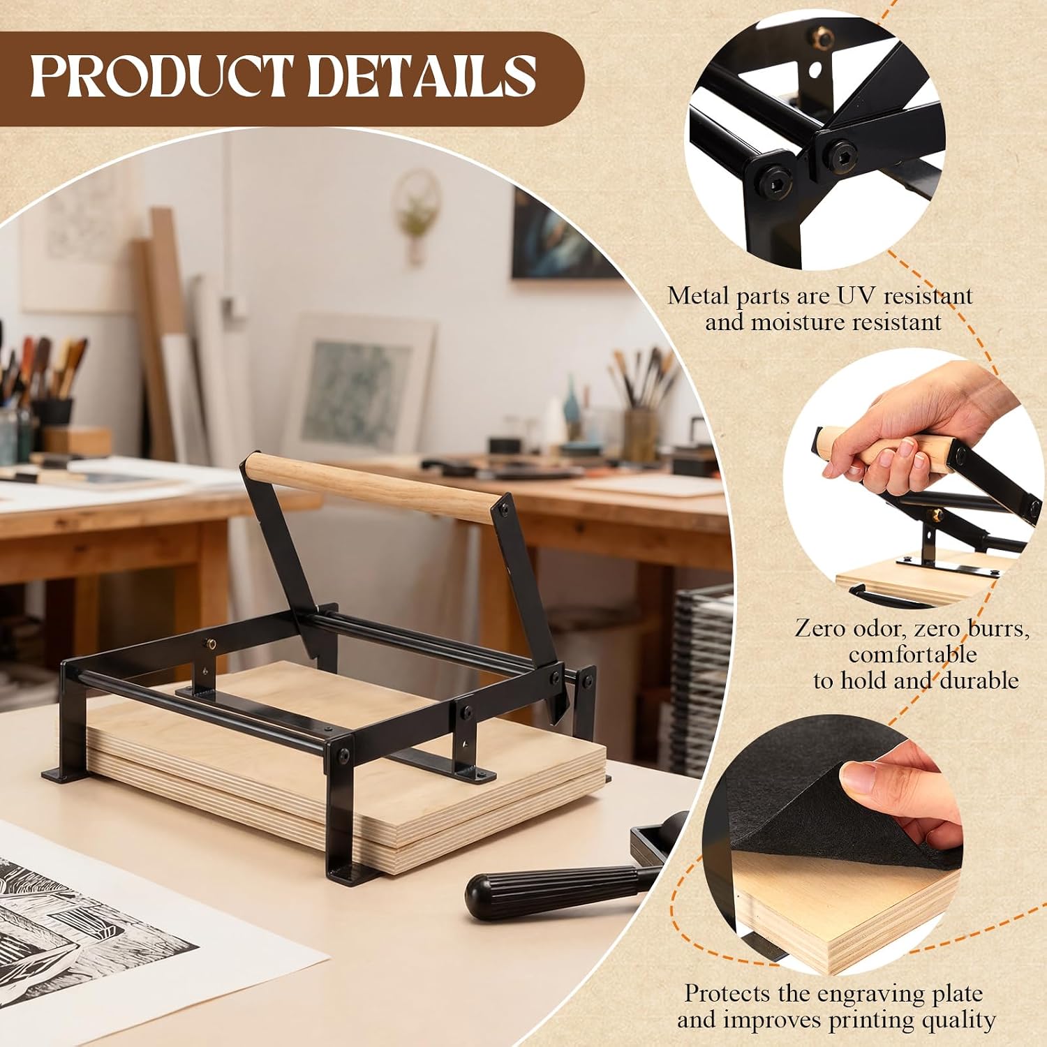 A3 Black Printing Linocut Hand Lever Press Machine with Rollers and Felt Pads for Lino Cuts, Cutting Printing, Linoleum Blocks Printmaking Tools Kits for Hobbyists and Home Crafters