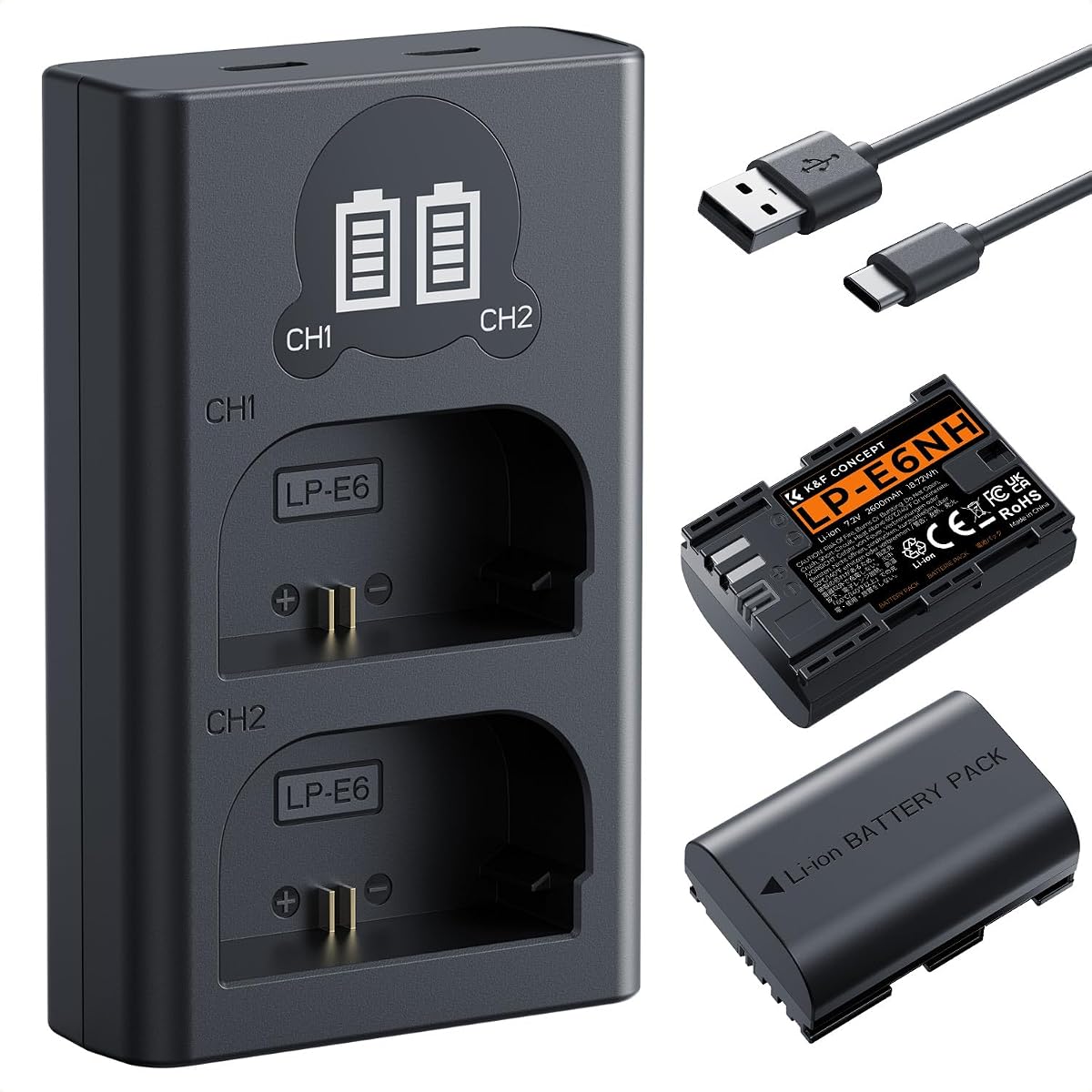 2600mAh LP-E6NH Battery and Charger Set Compatible with Canon EOS R7, R6, R5, R, 6D Mark II, 5D Mark IV, 5D Mark III, 5DS, 5DS R, 5D Mark II, 80D, 90D, 6D, 7D, 7D Mark II
