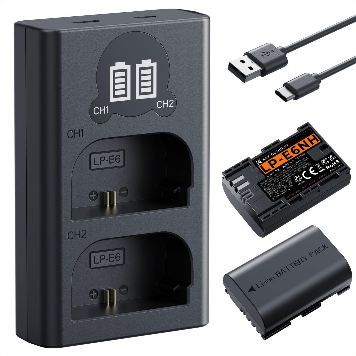 K&F Concept LP-E6NH 2600mAh Baterías Cargador de Doble Ranura con Pantalla LCD, Compatible con Canon EOS R7, R6, R5, 5D Mark II/III/IV, 6D, 6D Mark II, 7D II, 90D, 80D y 70D