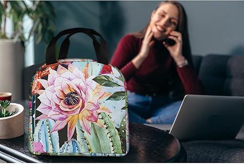 Miniatura 6 de Fiambrera con rosas y cactus, acuarela tropical, cactus verde, suculentas, flores botánicas, bolsa de almuerzo para mujeres y hombres, picnic y