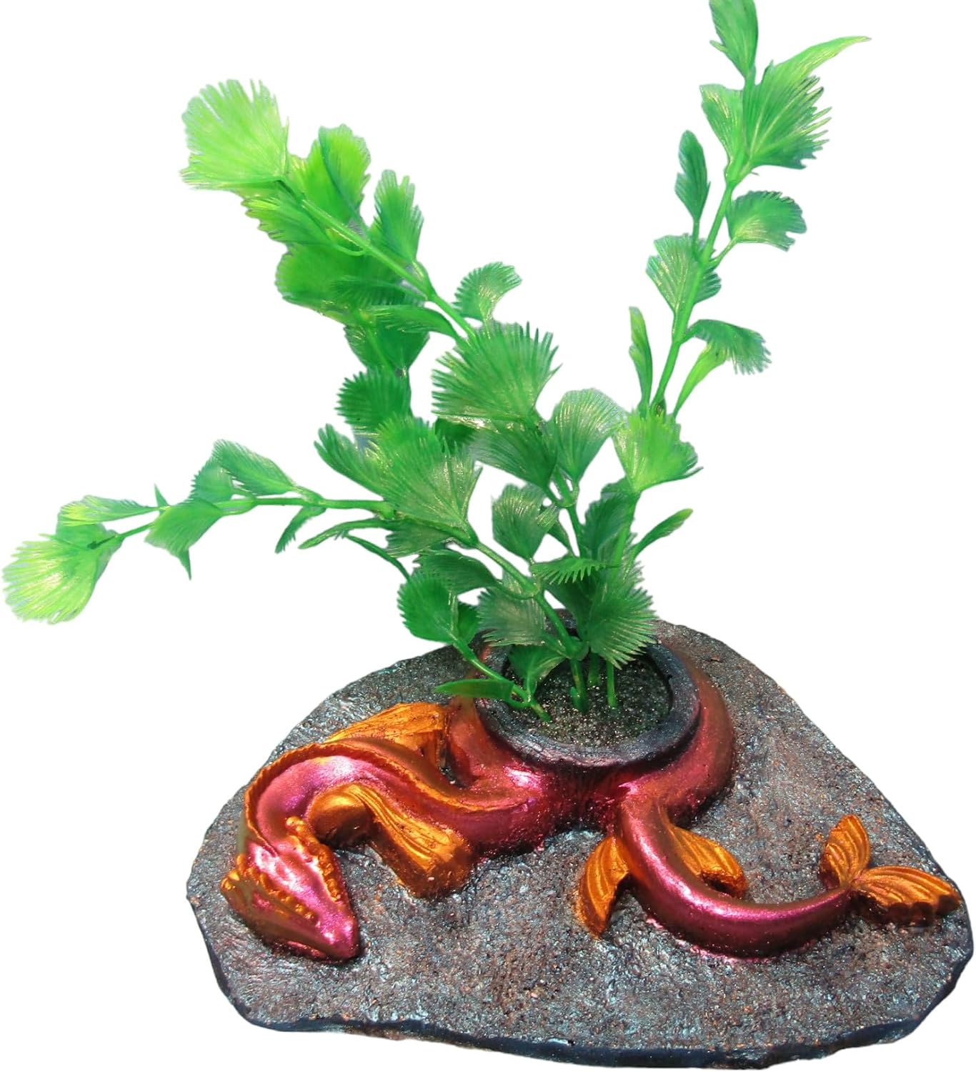 Handmade Red, Purple, & Gold Sea Dragon Aquarium Decoration with Green Plant. Fantasy Fish Tank Ornament.