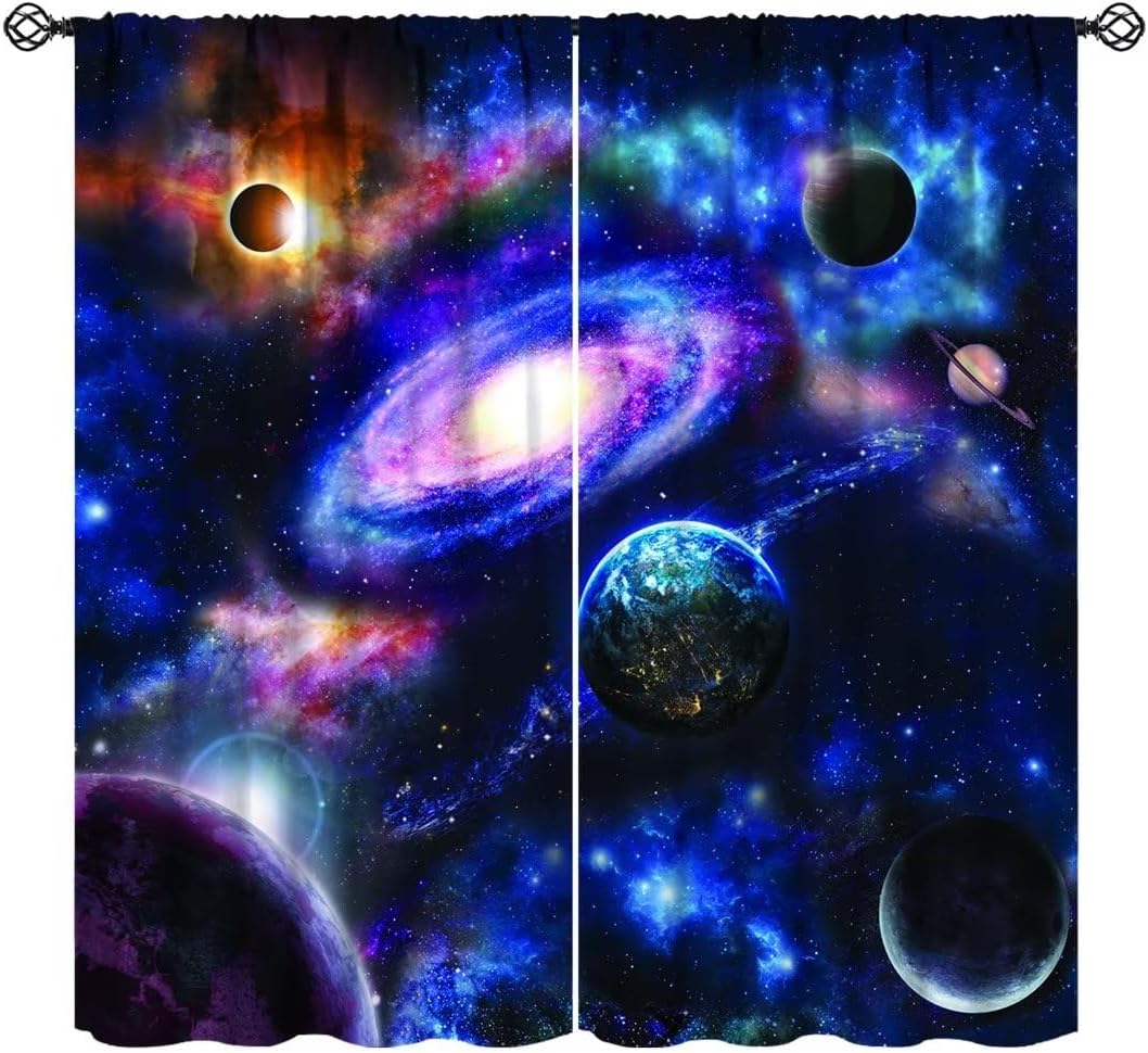 Blue Galaxy Curtains, Universe Star Planets Bright Cosmic Outer Space Print Pattern Thermal Insulation Blackout Window Treatments Suitable for Teen Kids Boys Girls Bedroom Living Room 42x54 Inch