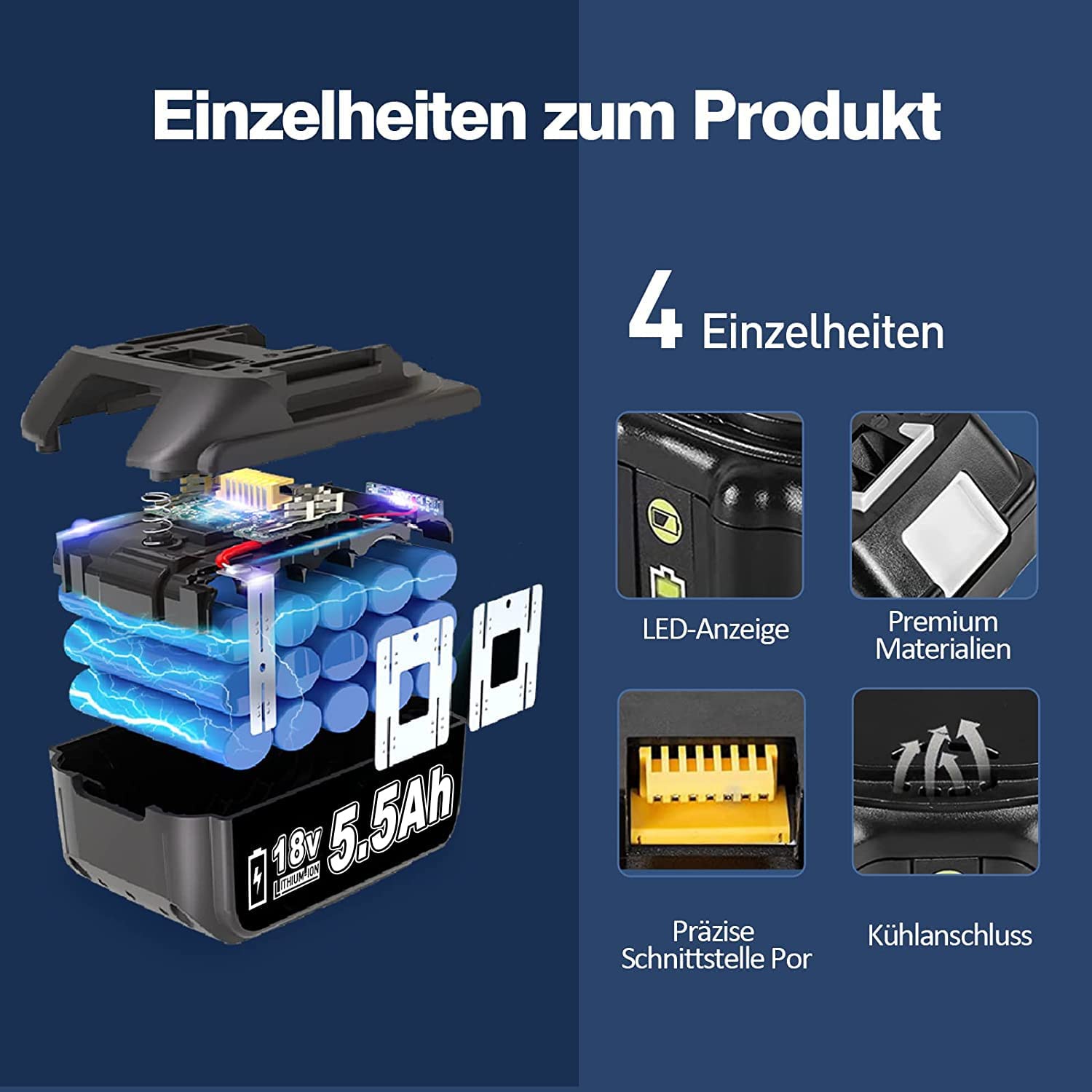 Produktbild von 4x 18V 6000mAh Akku Für Makita BL1830 BL1860B – Ersatzakku Mit LED-Anzeige, Starke Kapazität