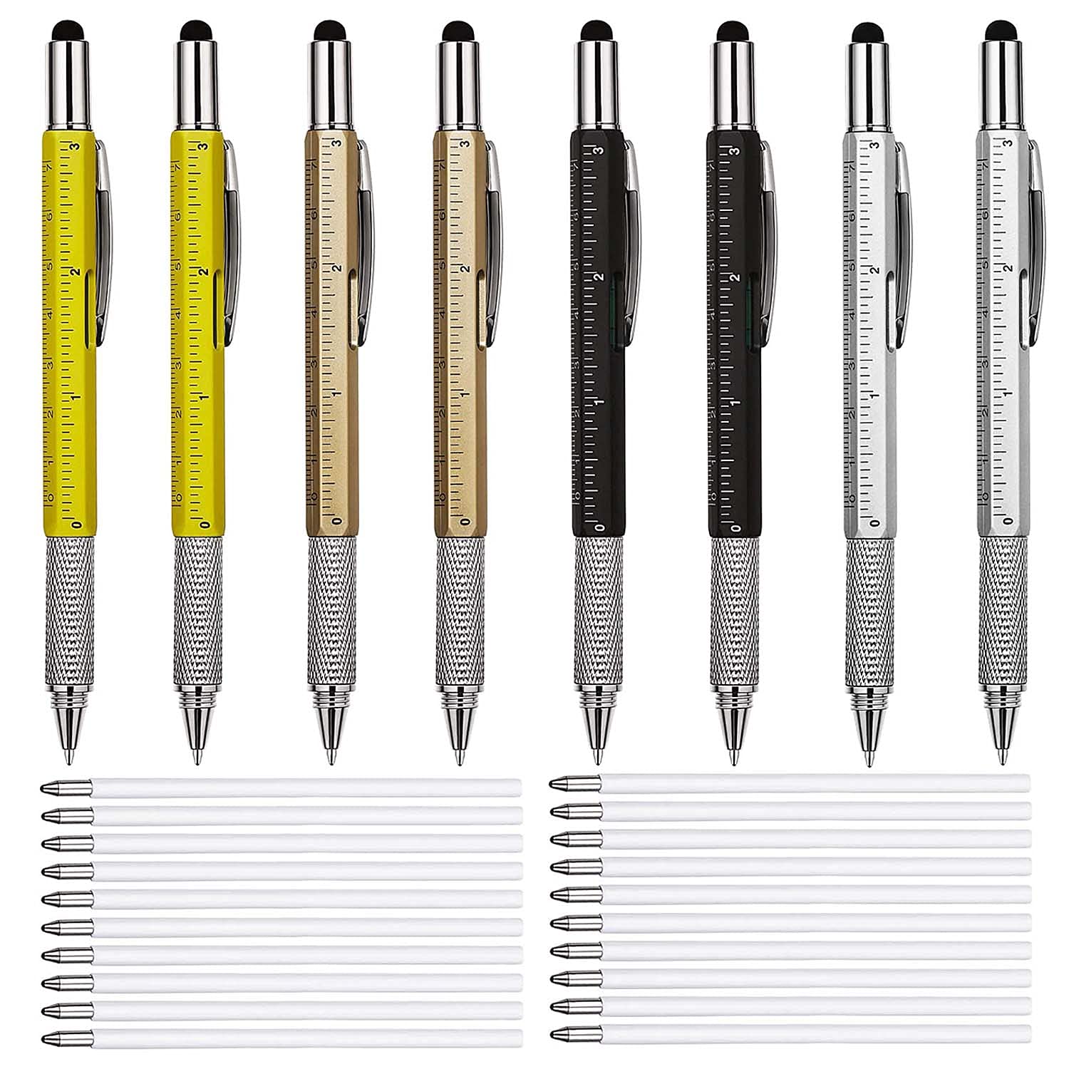 JONMON Multitool Gift Pen Tech Tool - 6 in 1 Multifunction Screwdriver Ballpoint Pen Set with Touch Screen Stylus Top, Cm Inch Ruler, Levelgauge,Screwdriver, 20 Pcs Blue/Black Refills for Men Women