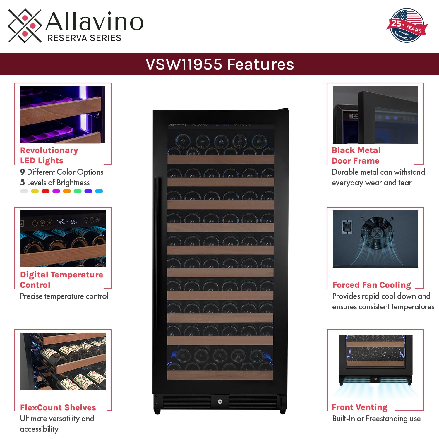 Allavino Reserva Series 119 Bottle 55" Semi Tall Single Zone Right Hinge Black Metal Wine Refrigerator on Fridge.com