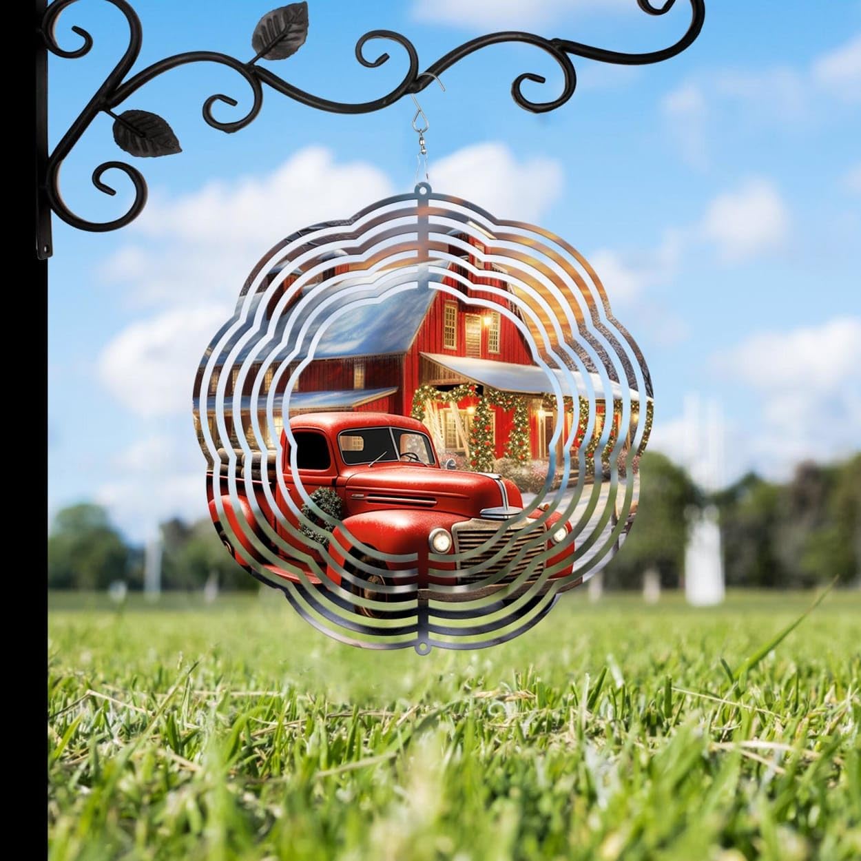 Red Truck Farmhouse Wreath Christmas Wind Spinners 3D Stainless Steel Laser Cut Metal Double Sided Printing-Hanging Indoor/Outdoor Decorations Yard Gardening Decor,Metal Kinetic Art 14x14 inches