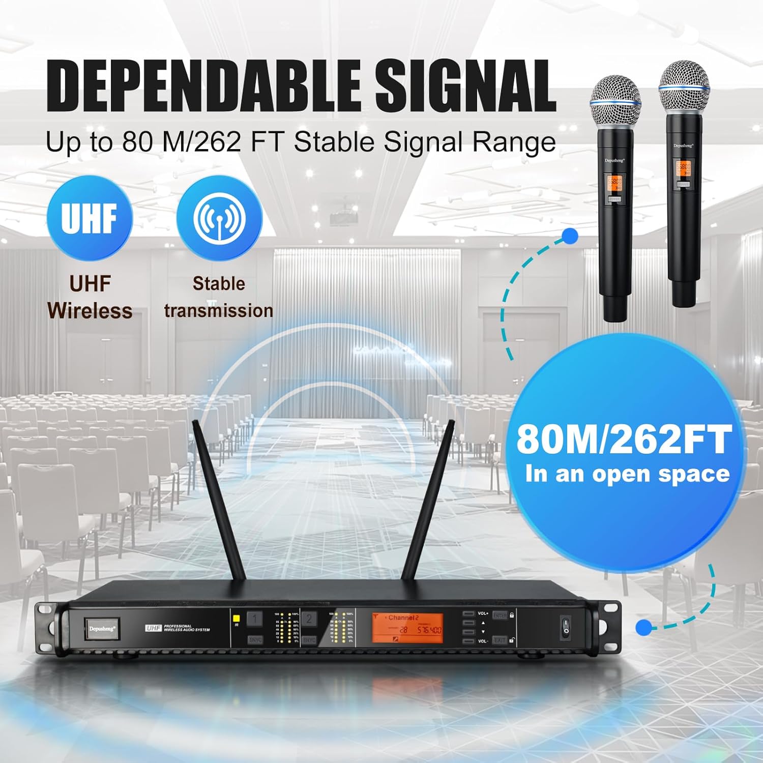 Depusheng Wireless Microphones System with 2 Channels Cordless Handheld Microfono Inalambrico, 200FT UHF Range, Mics with Stable Signal Transmission for Karaoke Singing Party Church Wedding PA Speaker - Image 3