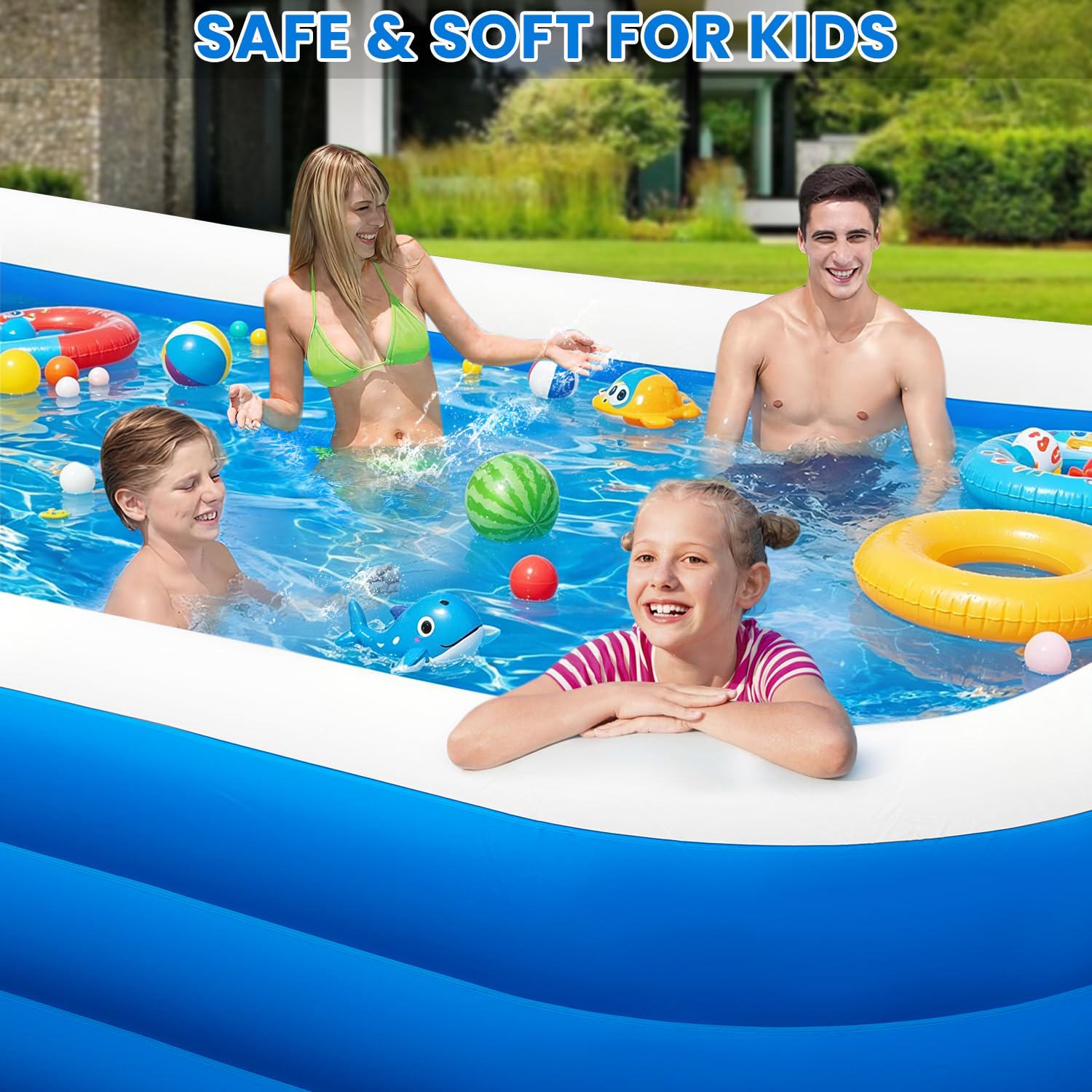 Piscina gonfiabile per famiglie, 330,2 x 182,9 x 55,9 cm, grande piscina gonfiabile per adulti e bambini, piscina da cortile ispessita con pompa, gonfiaggio rapido, piscina estiva all'aperto per feste