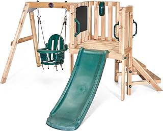 Play Kids Outdoor Junior Activity Centre Swing and Slide Garden Multiplay Set for Climbing - Chalkboard, 4ft Slide, Baby Swing Seat - Children Toddlers 12 Months Plus