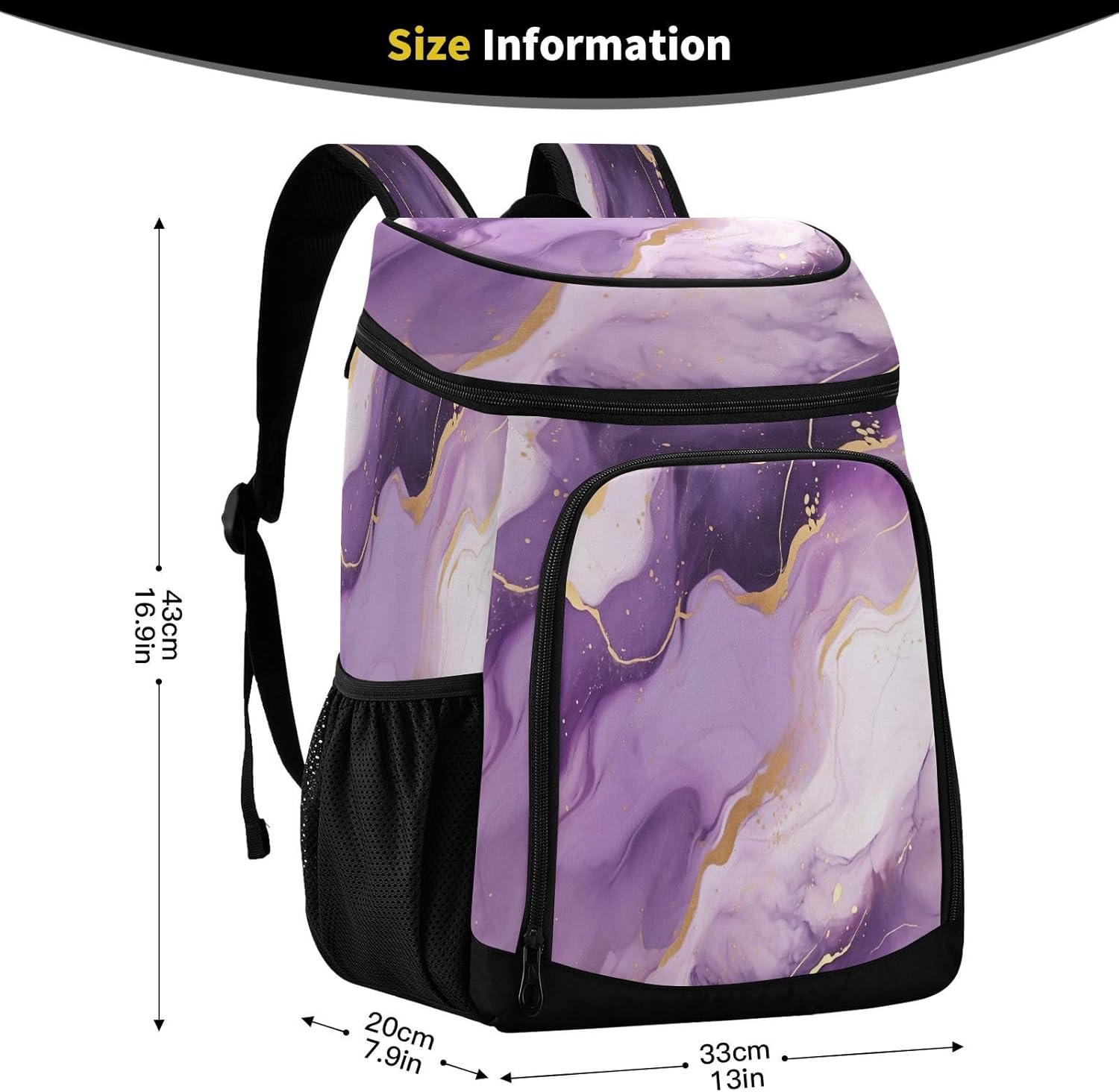 Gold Purple Marble Cooler Backpack 36 Cans Leakproof Waterproof Backpack Cooler Bag Beach Accessories Travel Camping Fishing Backpack for Women Men
