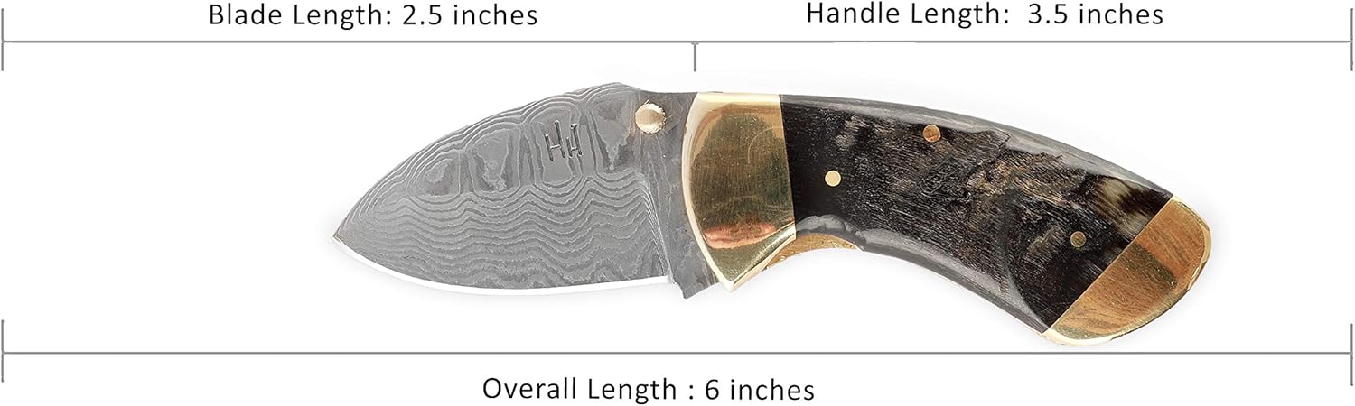 Perkin Damascus Steel Folding Pocket Knife with Rams Horn Handle, 2.5 Inch Blade, Handmade Hunting Knife with Leather Sheath, Drop Point