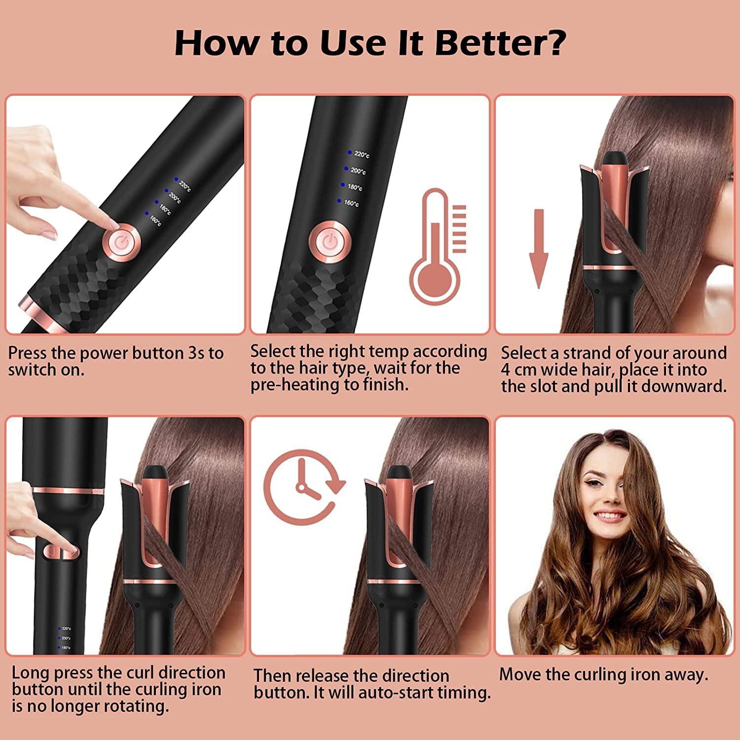 Feadem Hair Curler, Curling Wand, Curling Tongs,Curling Iron with 360° Rotating,4-Speed Adjustable Temperature Curling Wand, Fast Heating Ceramic Barrel, Dual Voltage Hair Curlers